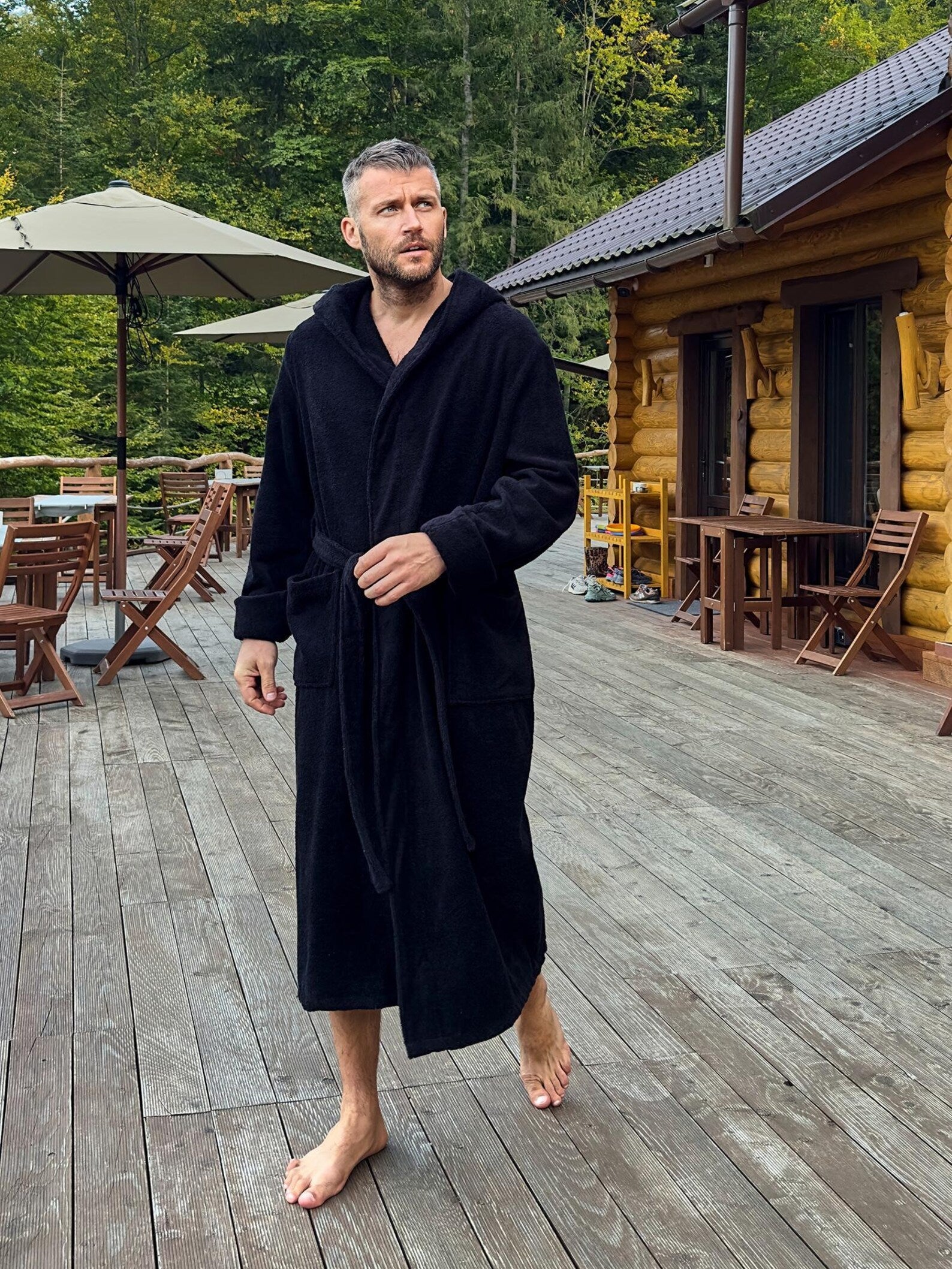 Mens Hooded Terry Cotton Bathrobe with Lion Embroidery