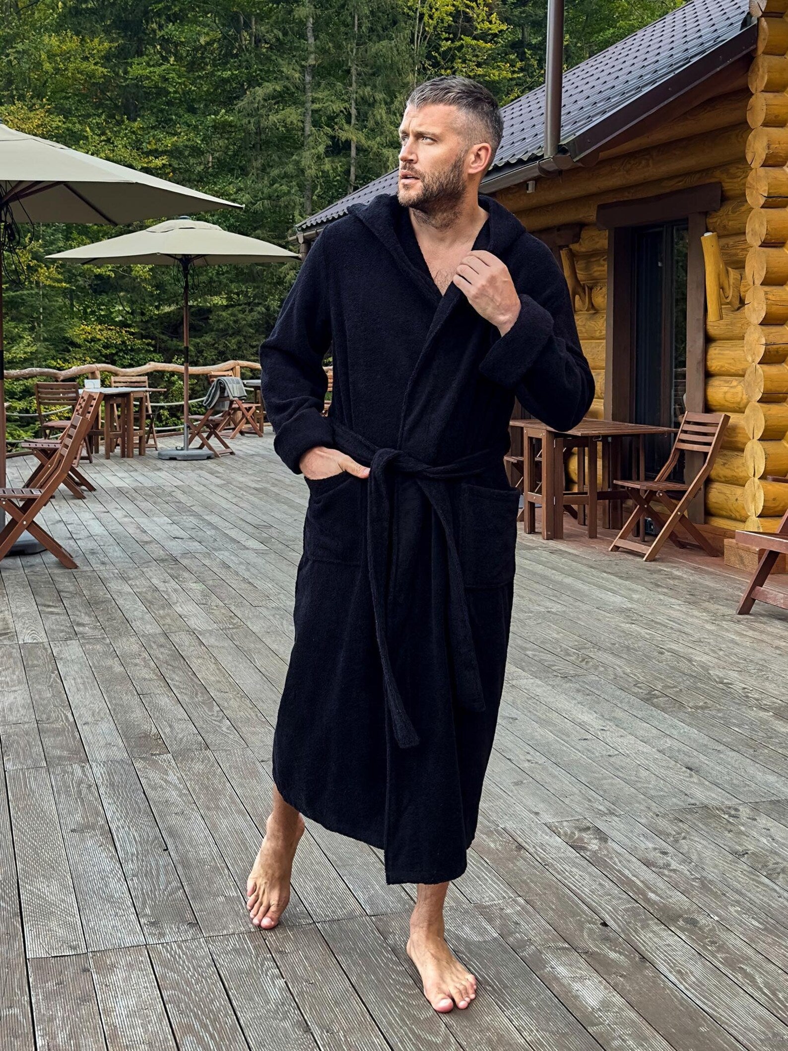 Mens Hooded Terry Cotton Bathrobe with Lion Embroidery