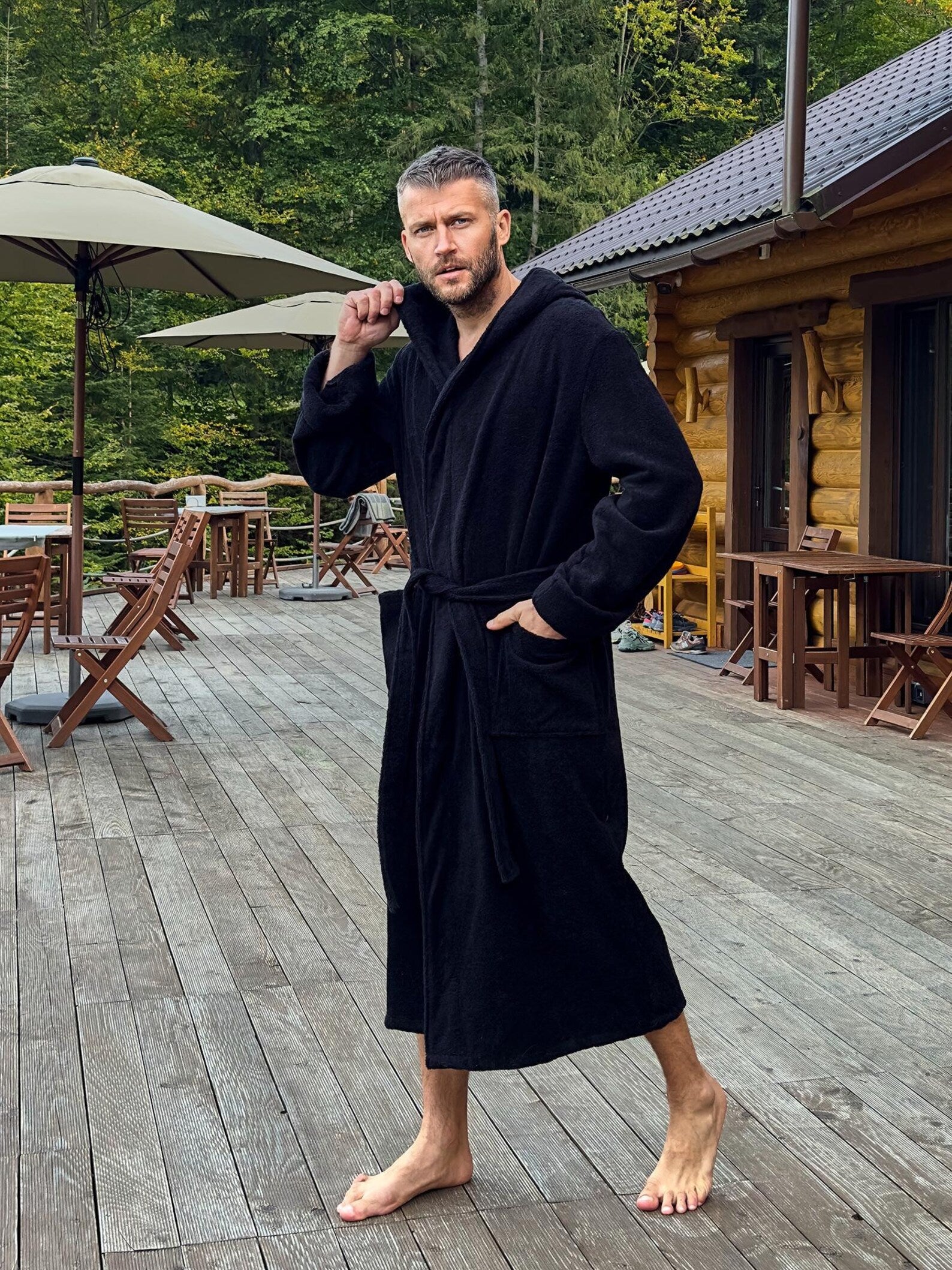 Mens Hooded Terry Cotton Bathrobe with Lion Embroidery
