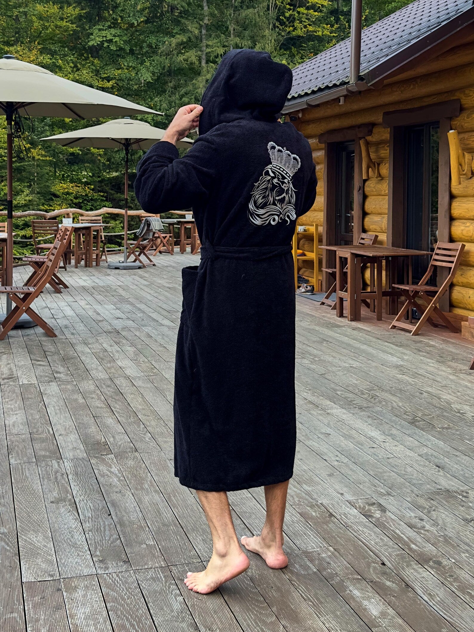 Mens Hooded Terry Cotton Bathrobe with Lion Embroidery
