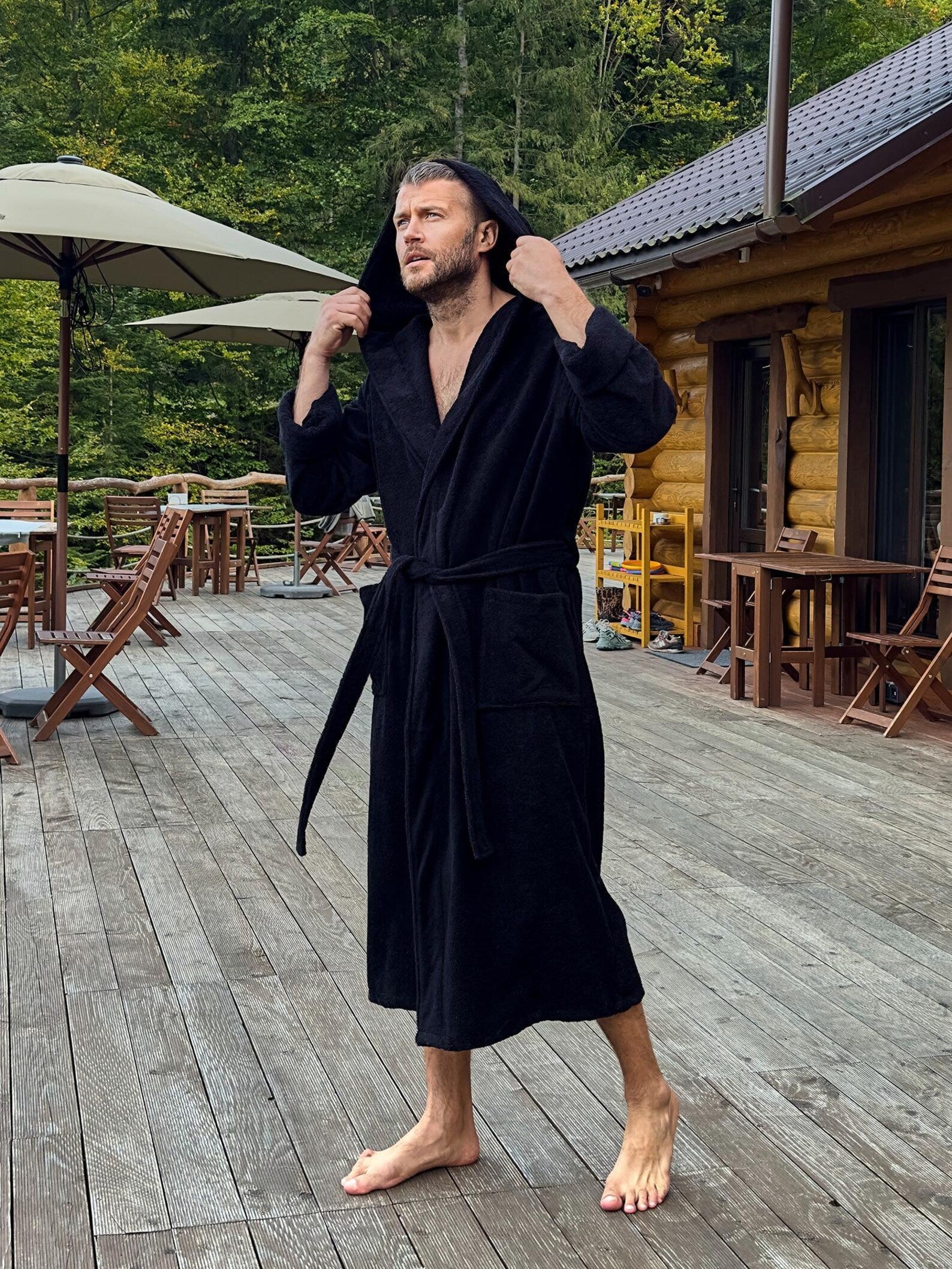Mens Hooded Terry Cotton Bathrobe with Lion Embroidery