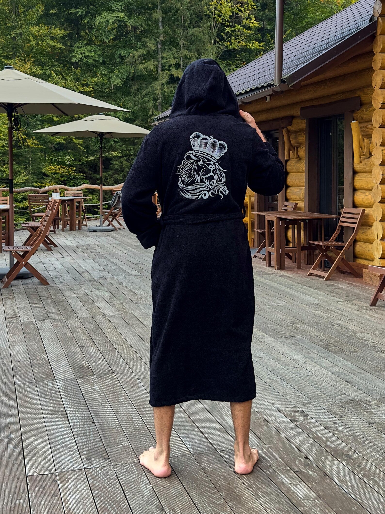 Mens Hooded Terry Cotton Bathrobe with Lion Embroidery