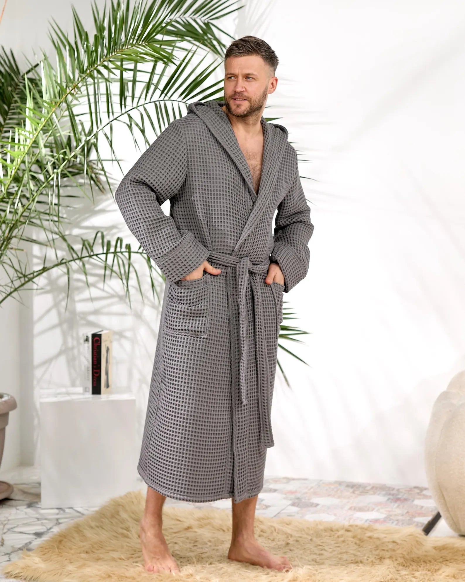 Men's Hooded Waffle Cotton Bathrobe and Spa Lounge Robe