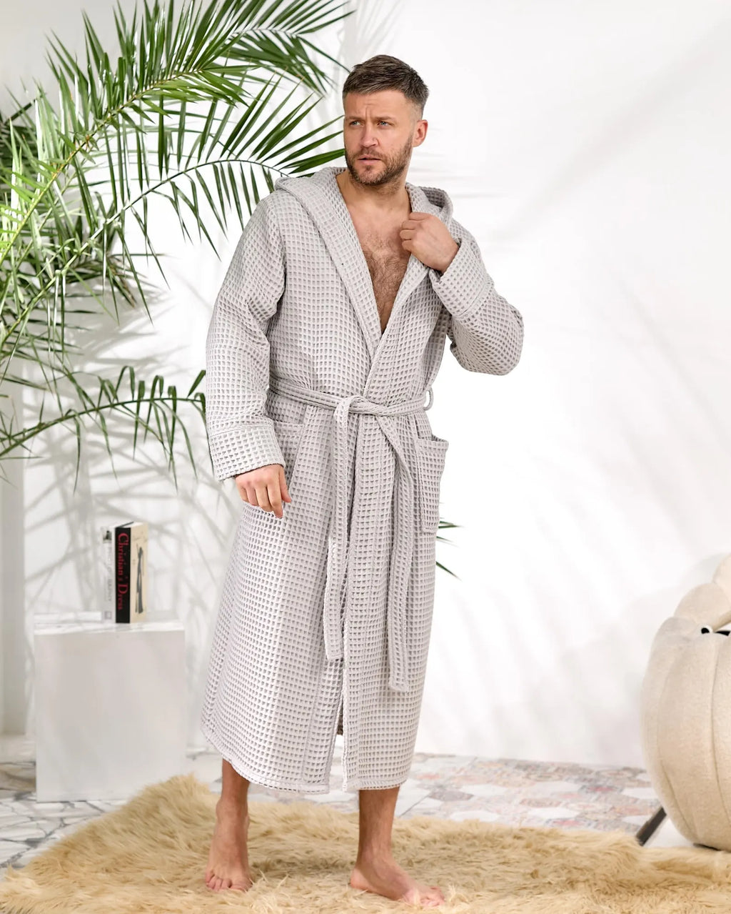 Men's Hooded Waffle Cotton Bathrobe and Spa Lounge Robe