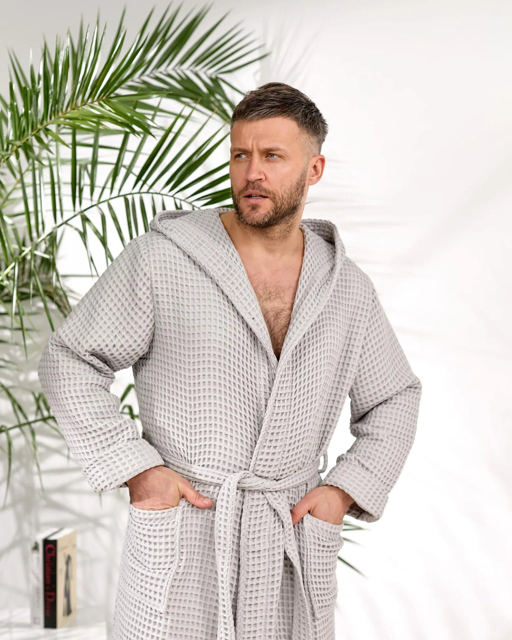 Men's Hooded Waffle Cotton Bathrobe and Spa Lounge Robe