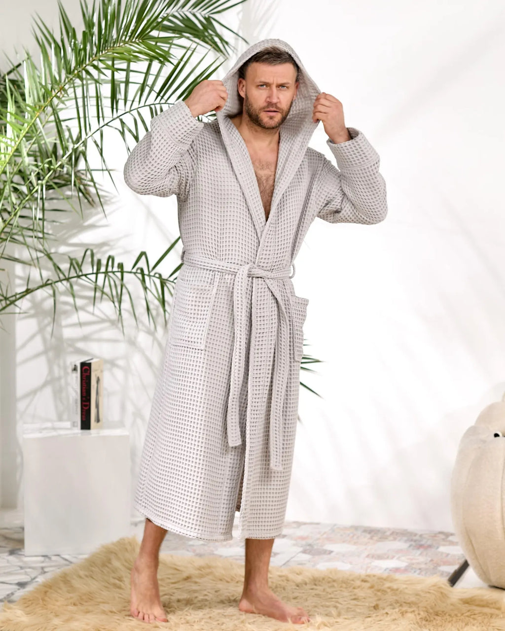 Men's Hooded Waffle Cotton Bathrobe and Spa Lounge Robe