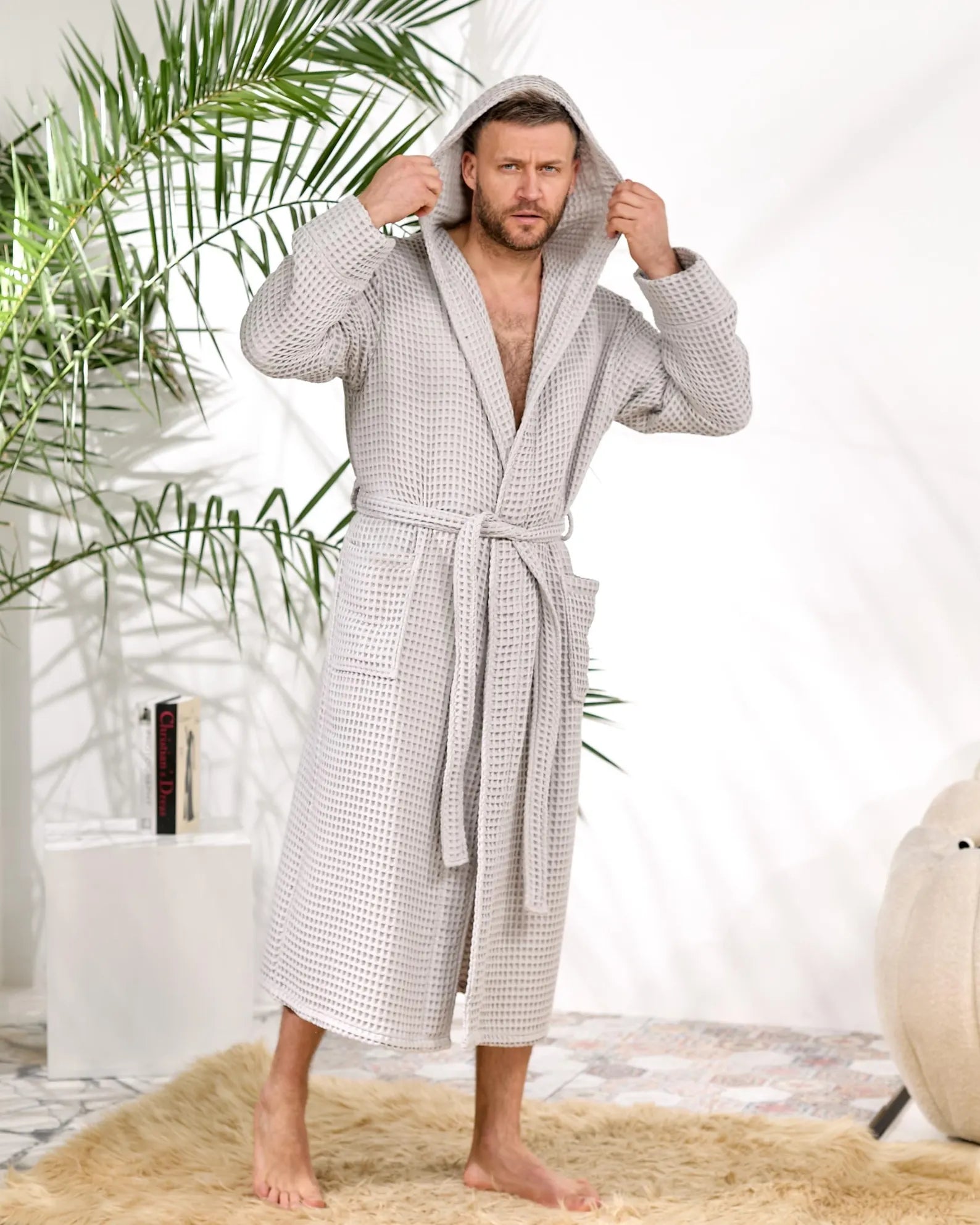 Men's Hooded Waffle Cotton Bathrobe and Spa Lounge Robe