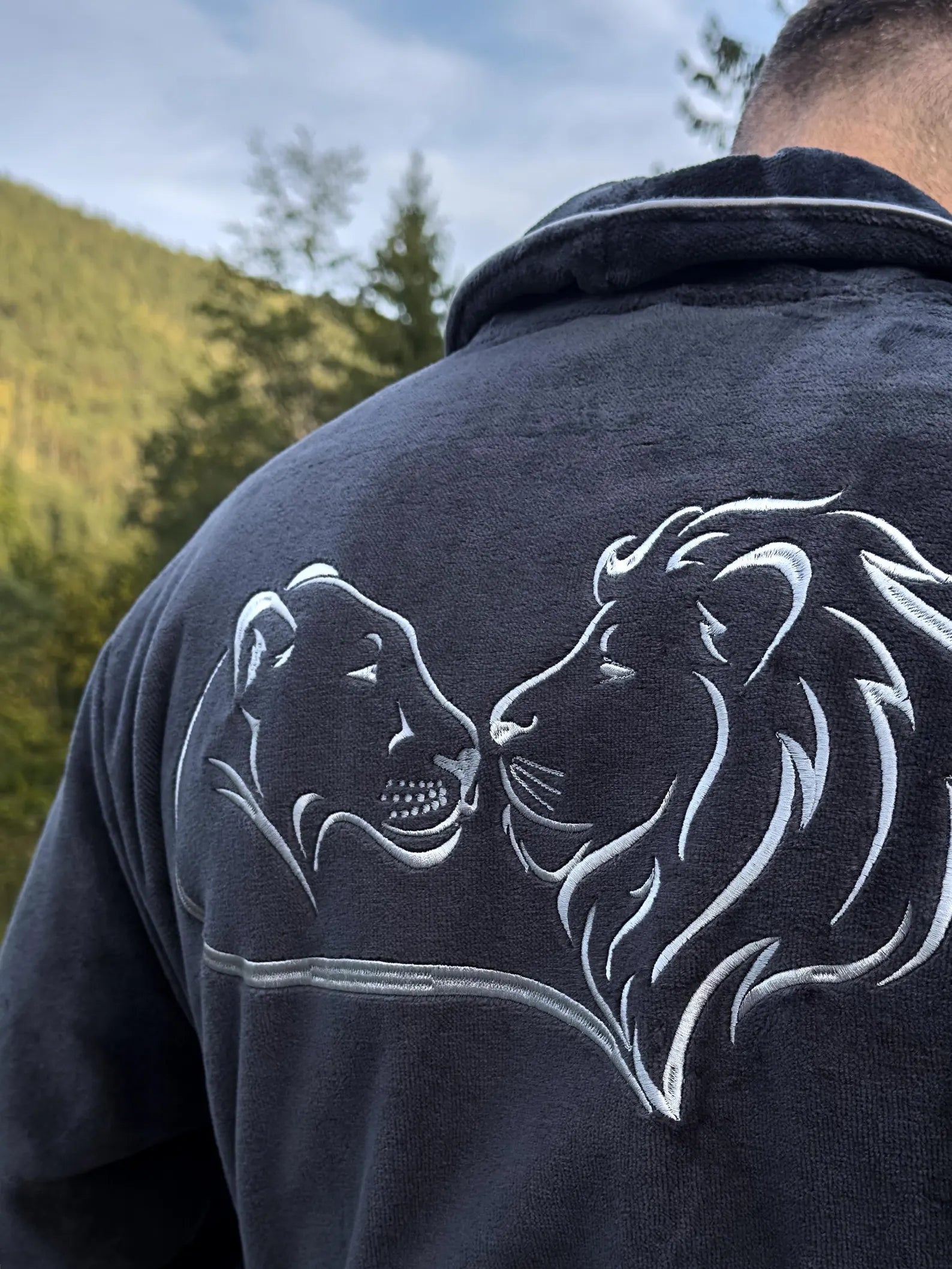 Personalized Mens Velour Terry Cotton Bathrobe with Lion Embroidery