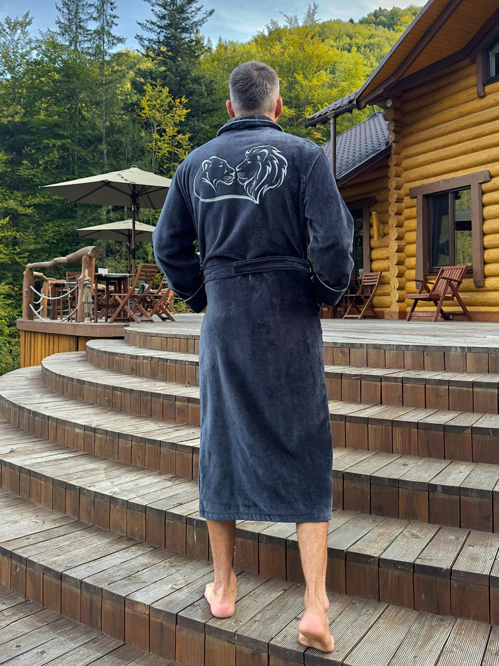 Personalized Mens Velour Terry Cotton Bathrobe with Lion Embroidery