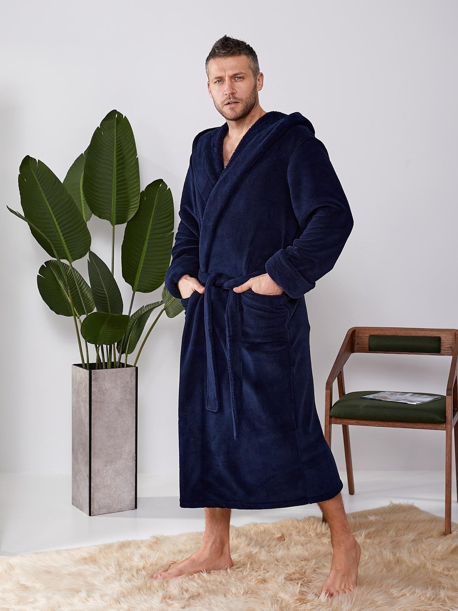 Mens Plush Hooded Bathrobe in Velsoft Fabric