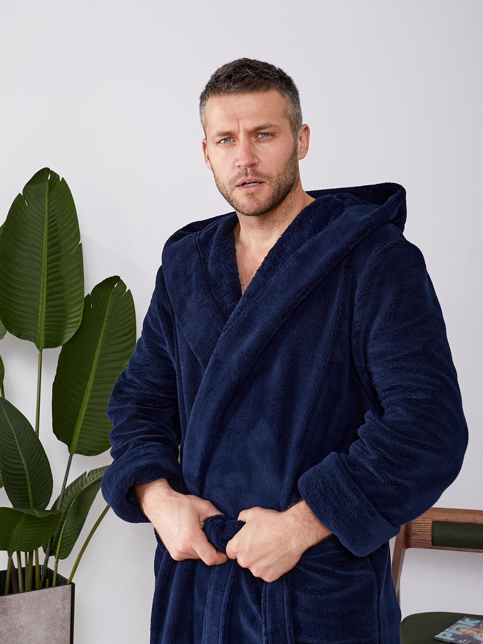Mens Plush Hooded Bathrobe in Velsoft Fabric