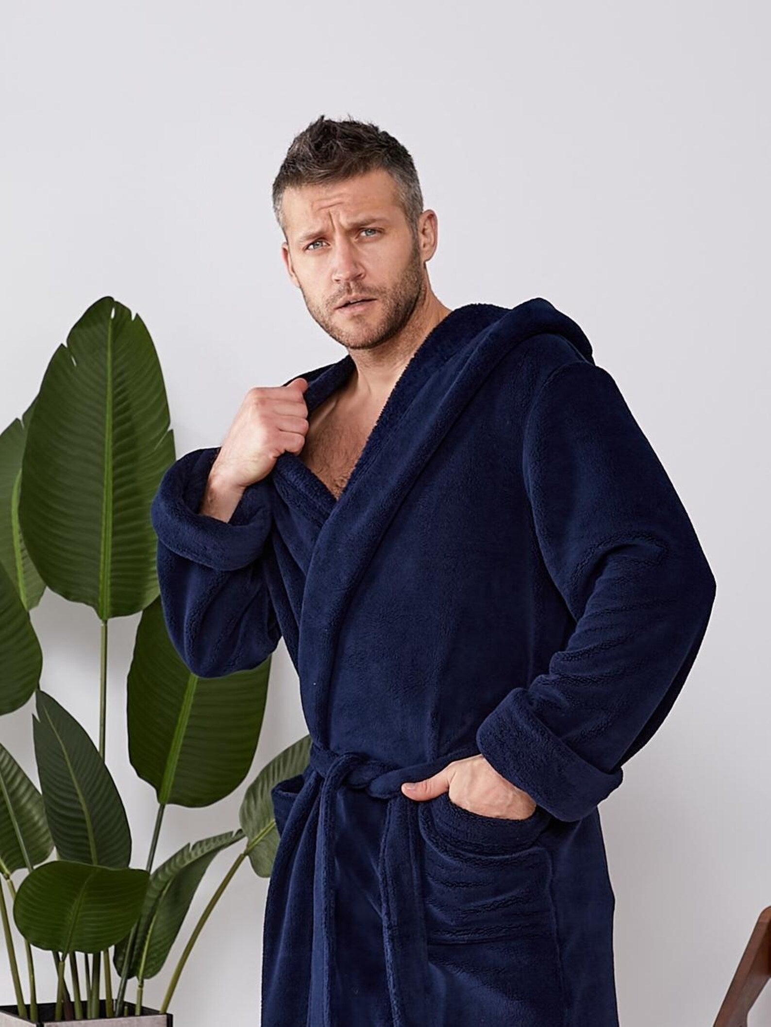 Mens Plush Hooded Bathrobe in Velsoft Fabric