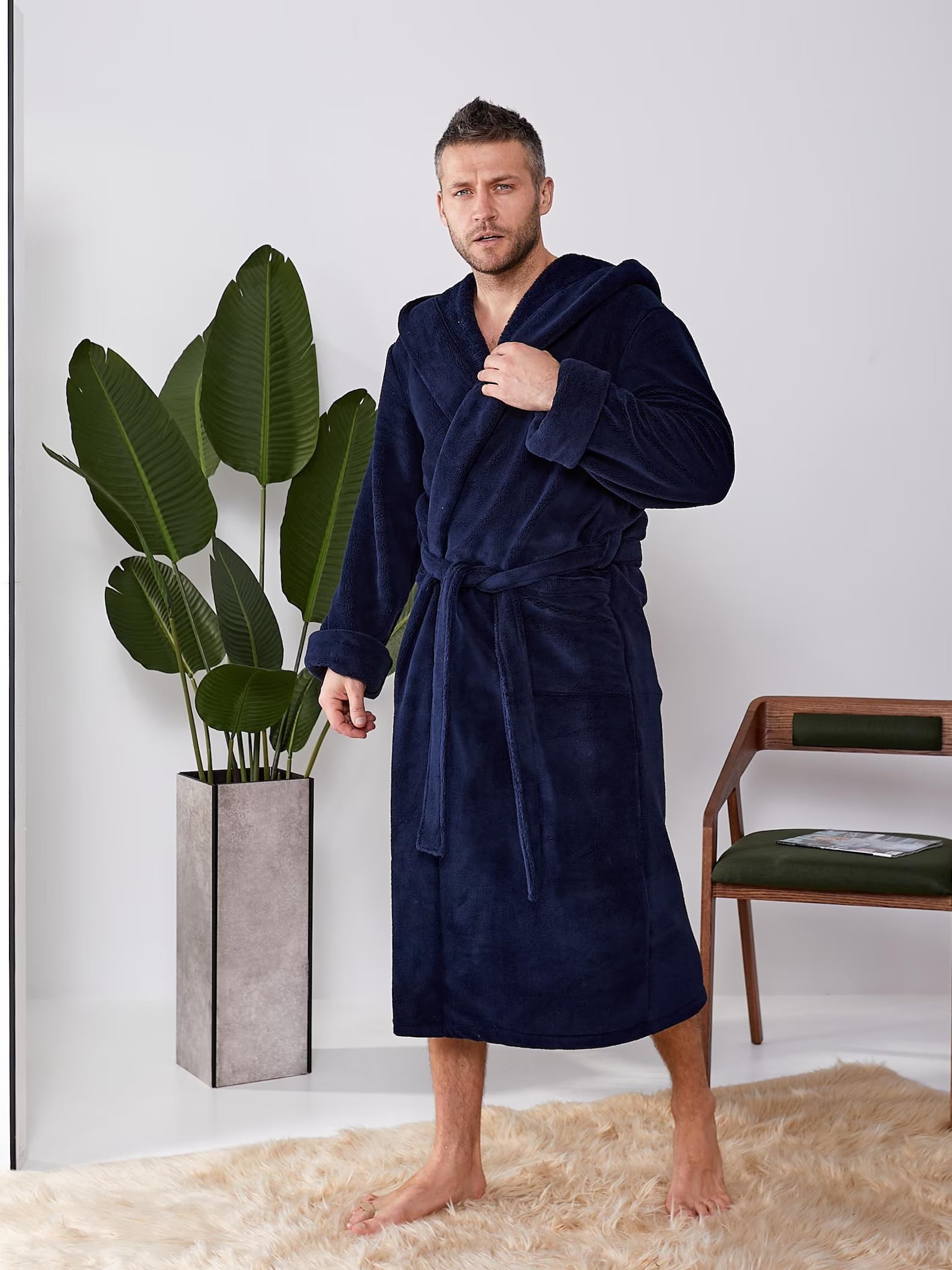 Mens Plush Hooded Bathrobe in Velsoft Fabric