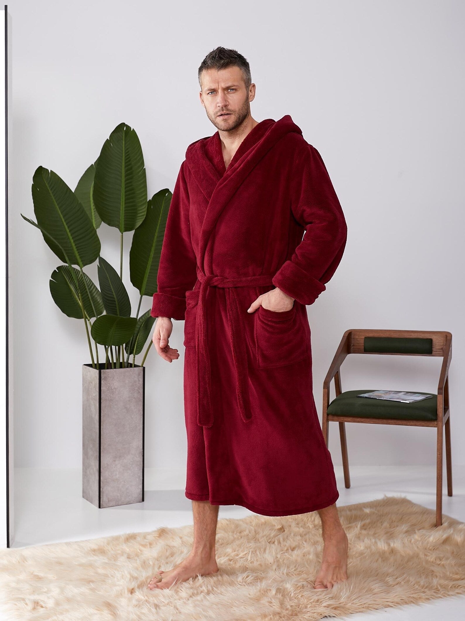 Mens Velsoft Hooded Bathrobe in Plush Polyester Fabric
