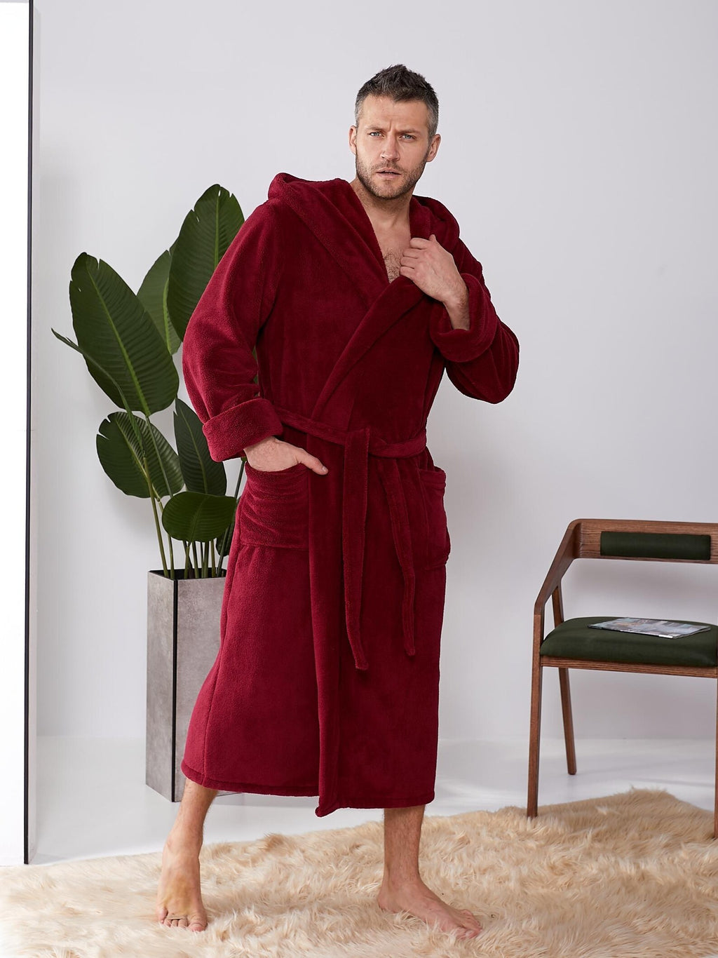 Mens Velsoft Hooded Bathrobe in Plush Polyester Fabric