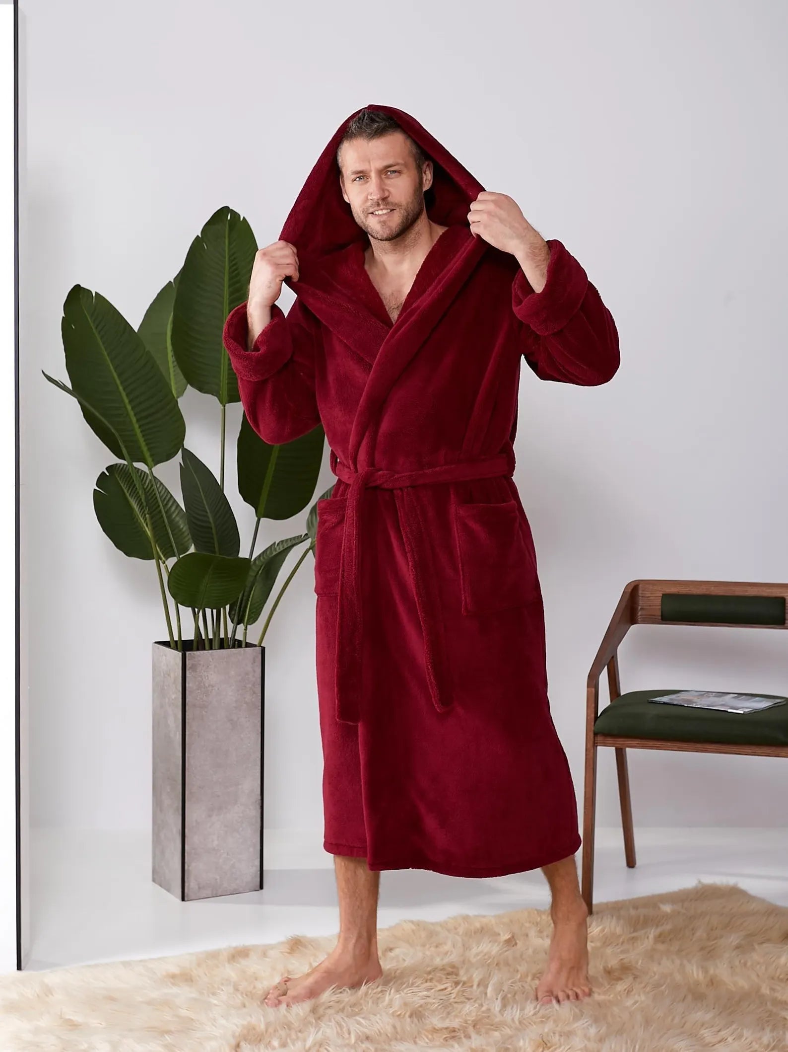 Mens Velsoft Hooded Bathrobe in Plush Polyester Fabric