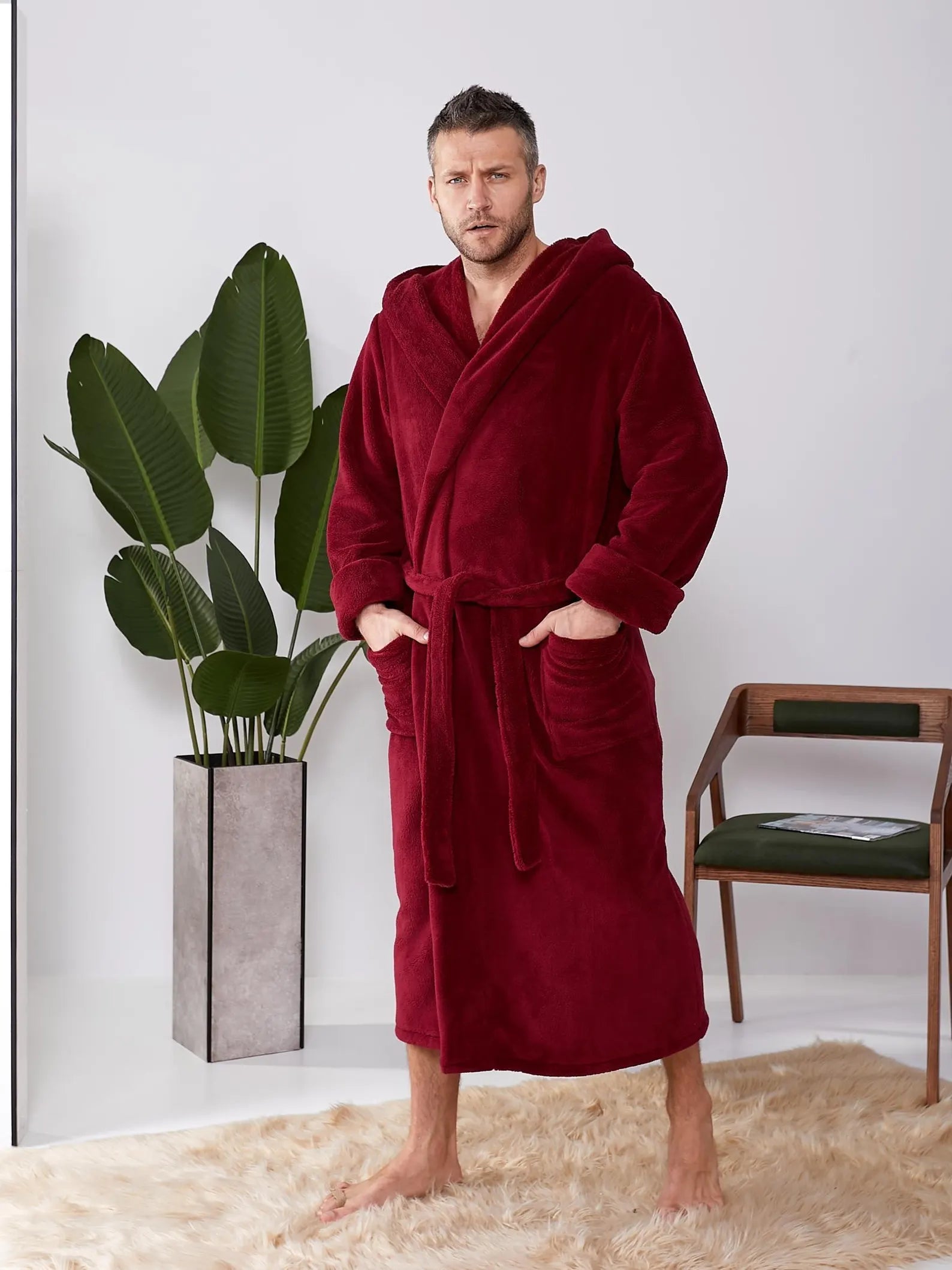 Mens Velsoft Hooded Bathrobe in Plush Polyester Fabric