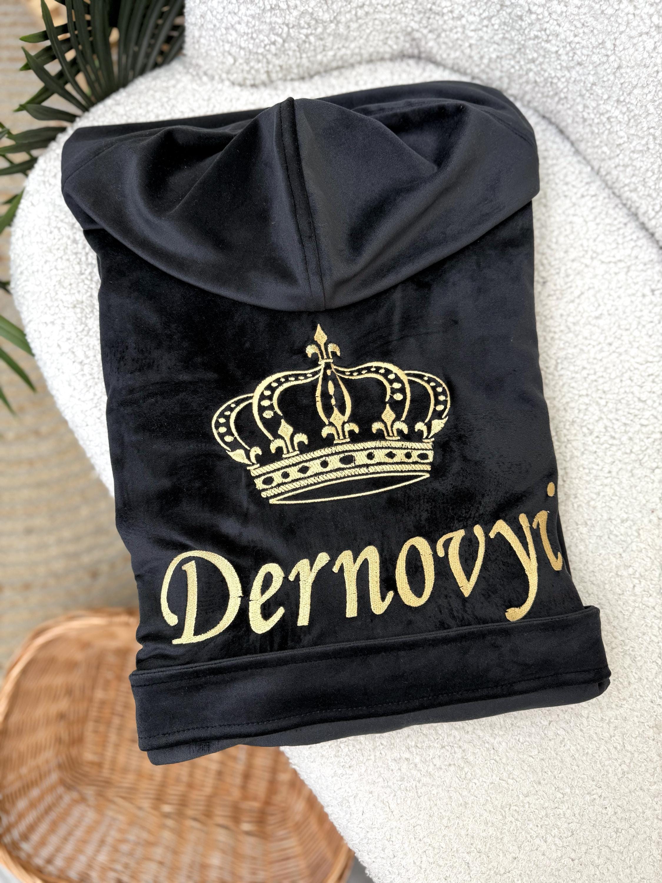 Personalized Black Velour Hooded Men's Robe with Custom Embroidery
