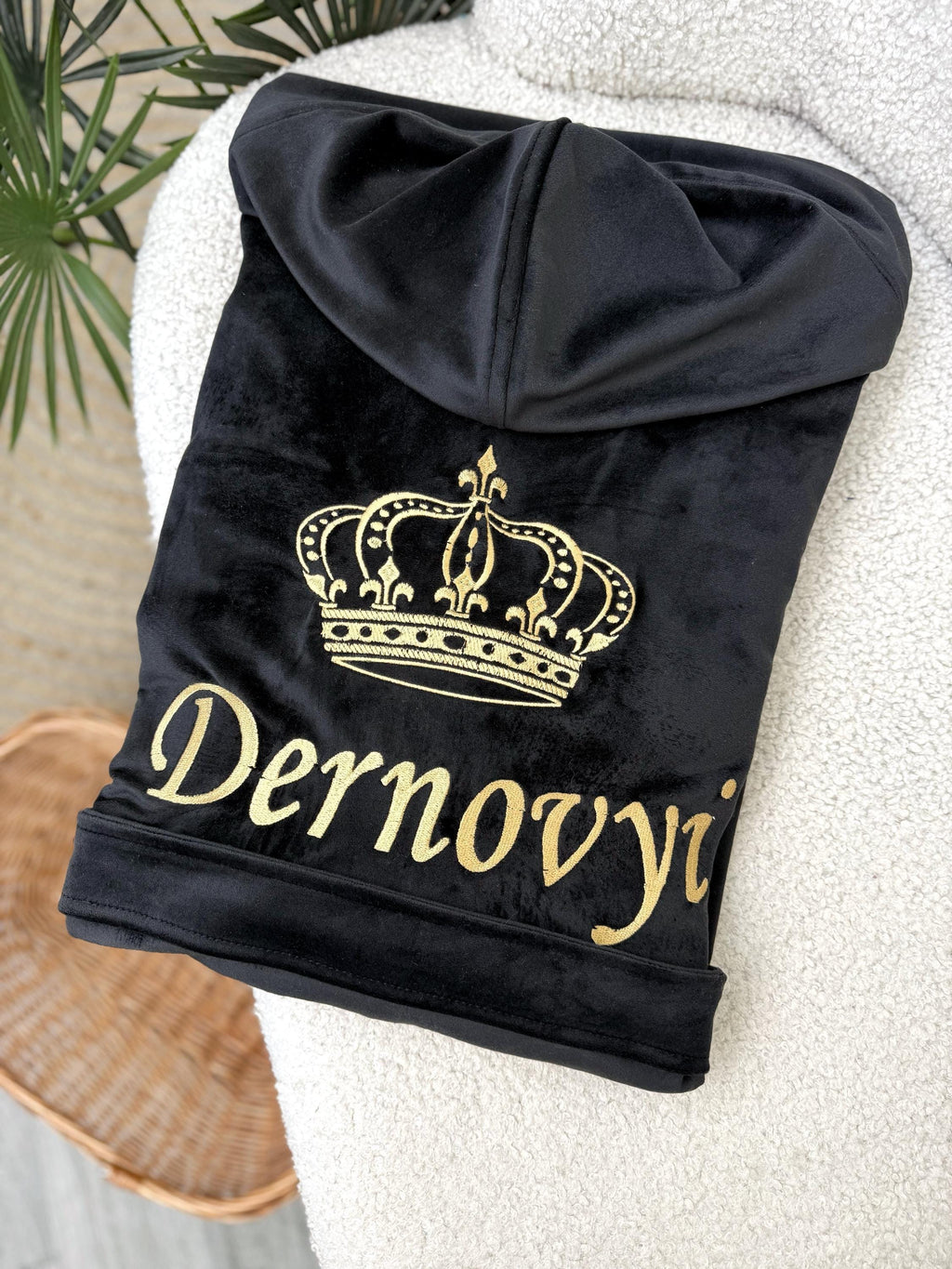 Personalized Black Velour Hooded Men's Robe with Custom Embroidery
