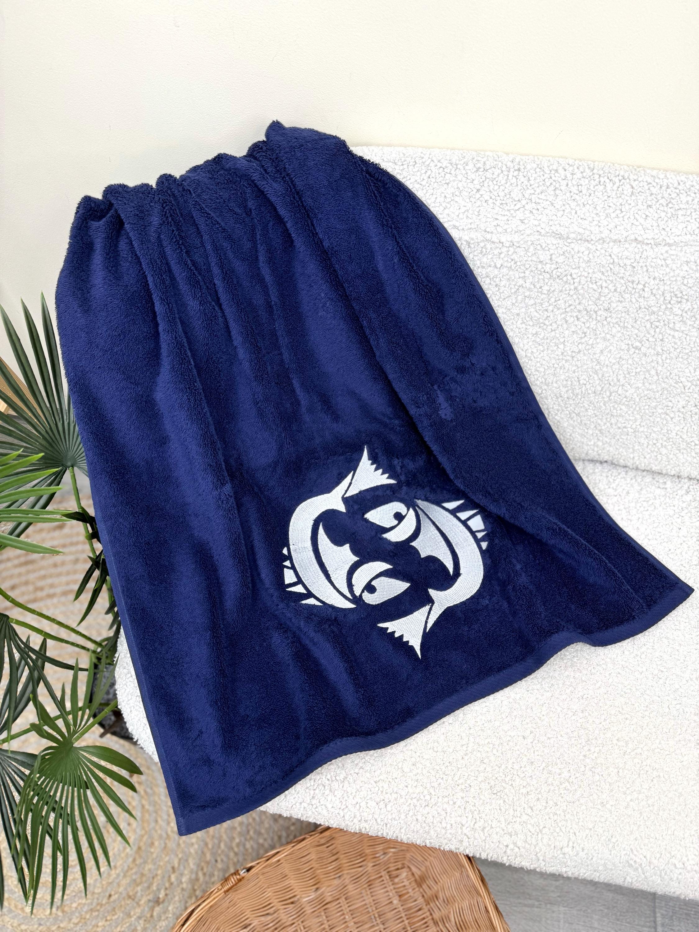 Personalized Blue Cotton Bath Towel with Embroidered Fish Motif