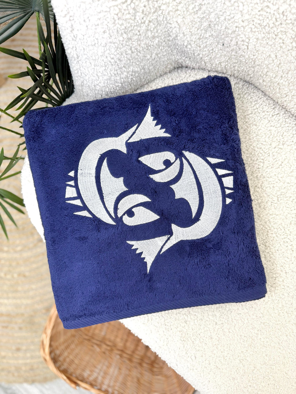 Personalized Blue Cotton Bath Towel with Embroidered Fish Motif