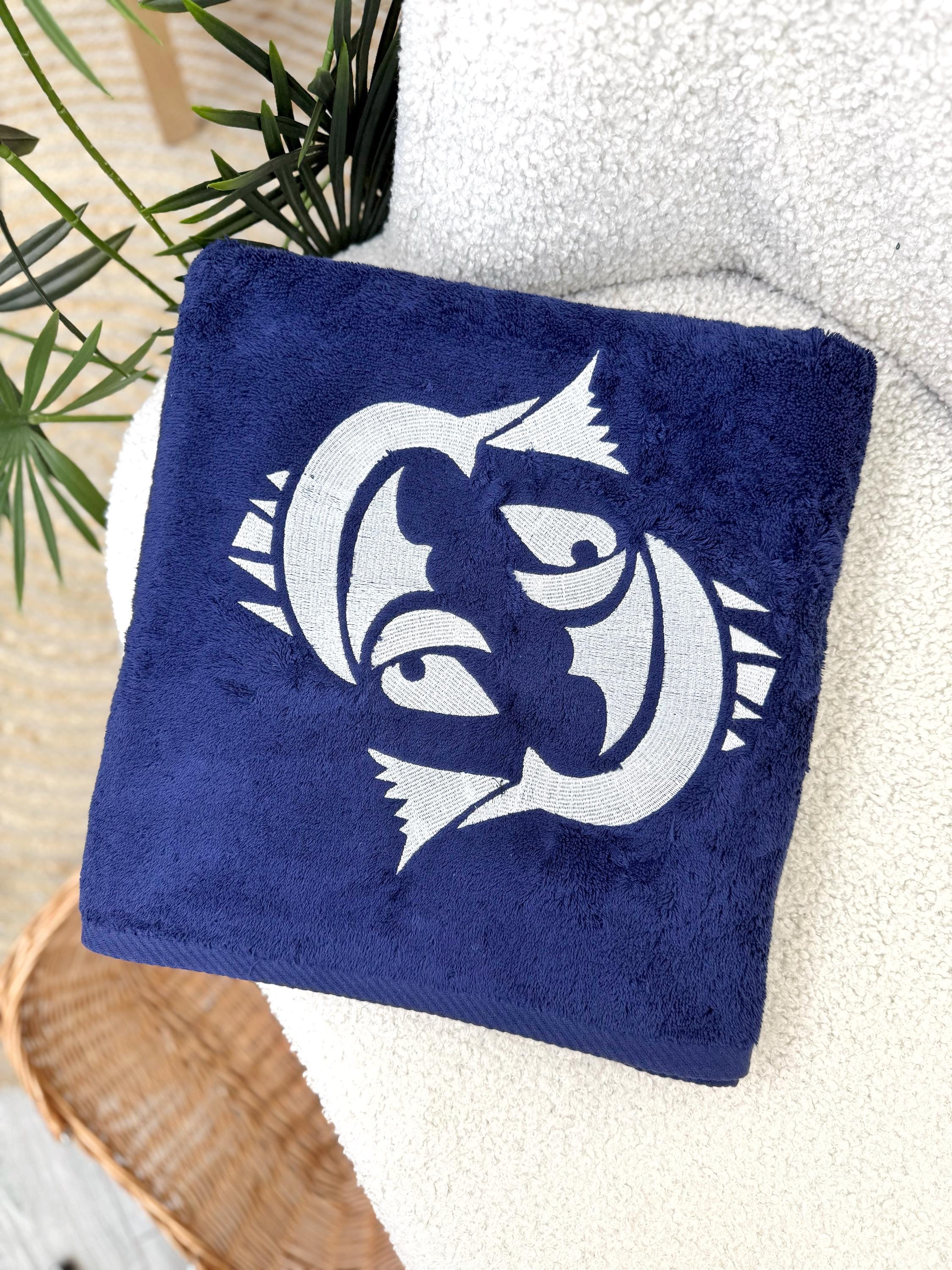 Personalized Blue Cotton Bath Towel with Embroidered Fish Motif