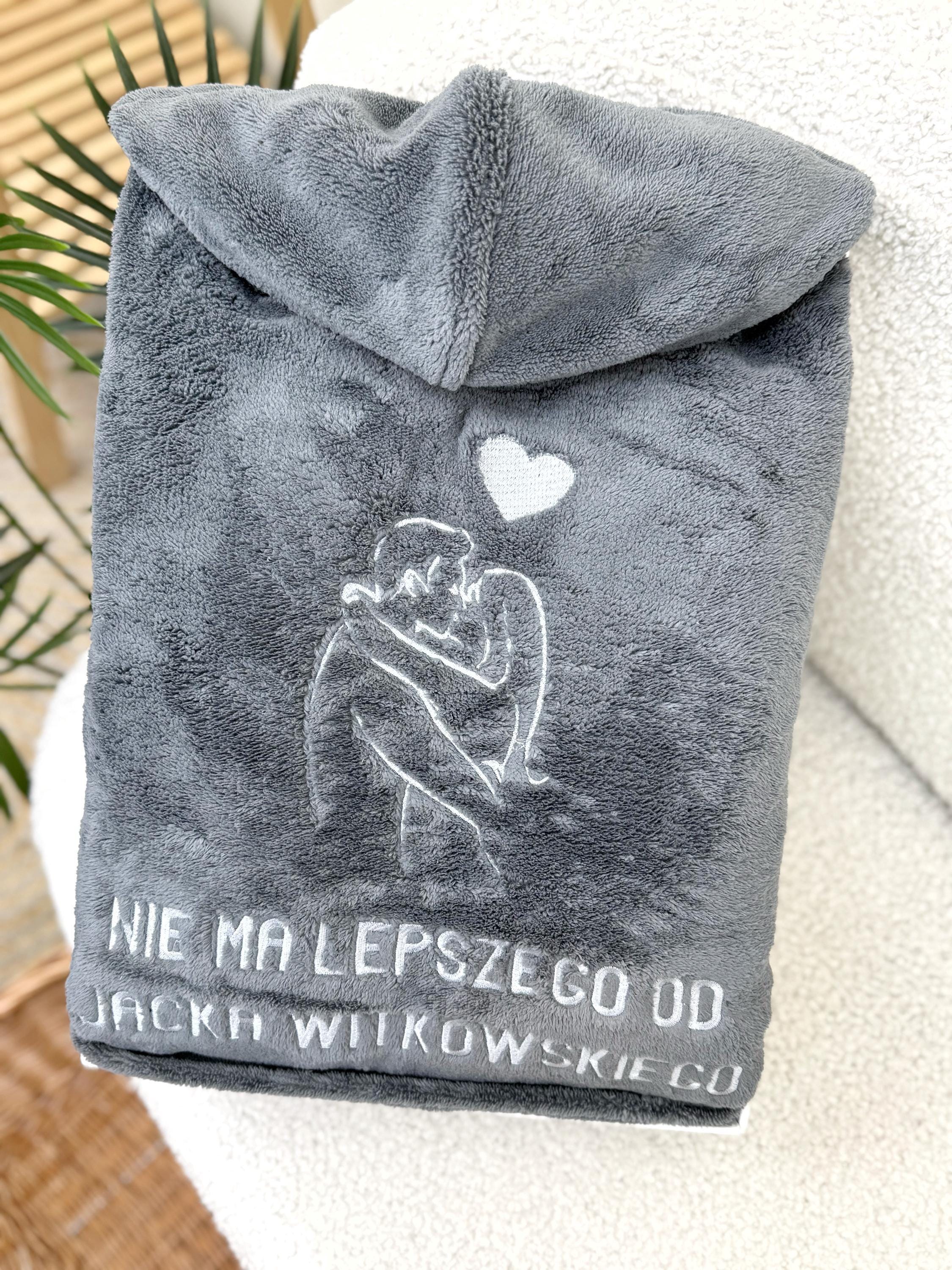 Personalized Gray Plush Hooded Bathrobe for Men with Custom Embroidery