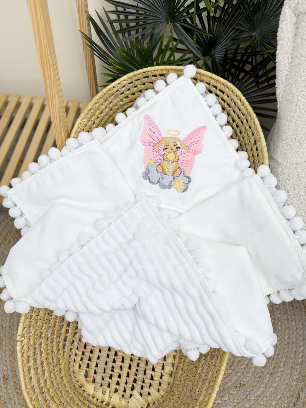 Personalized Handmade Baby Blanket with Pom-Pom Trim and Custom Embroidery