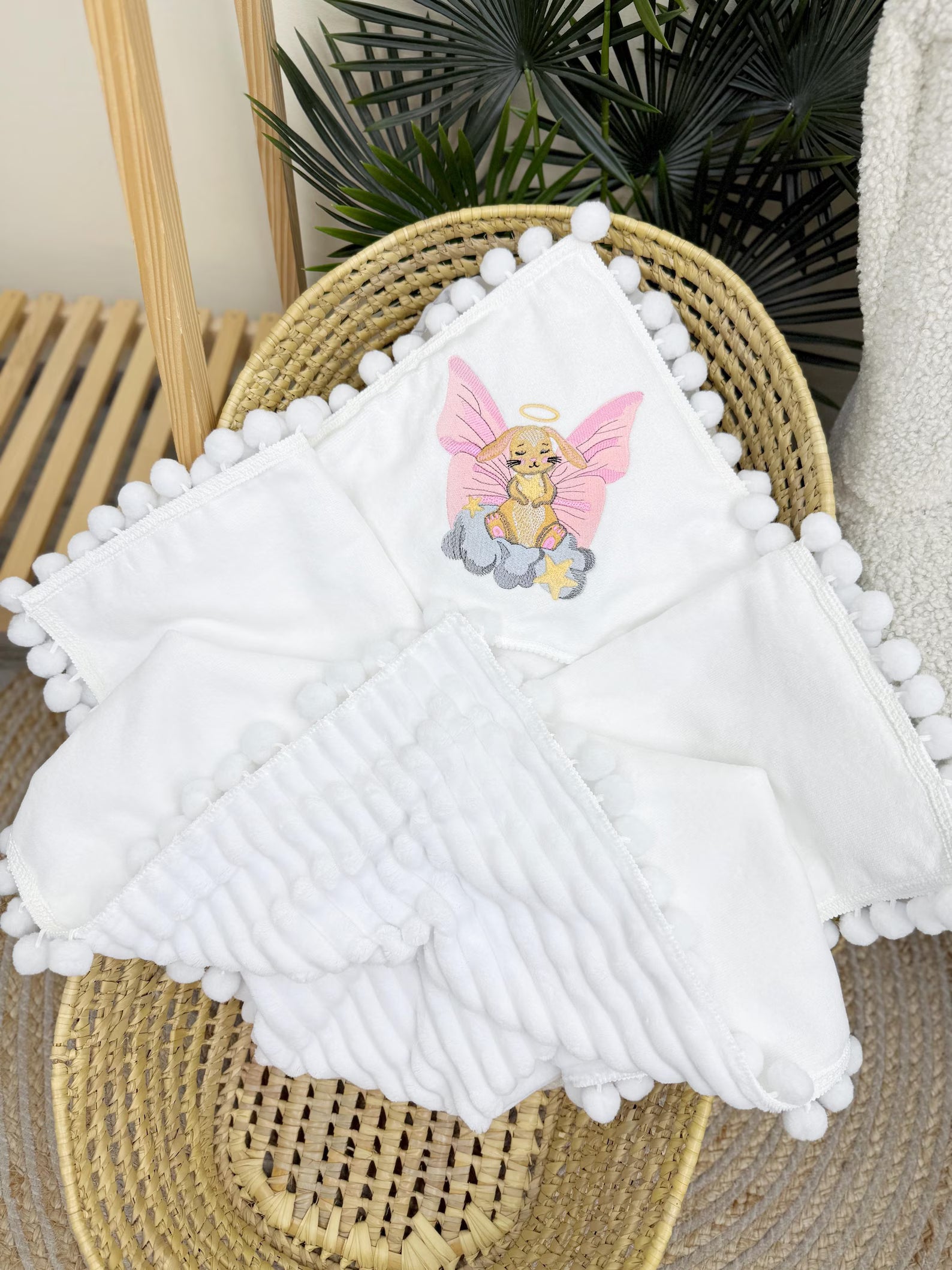 Personalized Handmade Baby Blanket with Pom-Pom Trim and Custom Embroidery