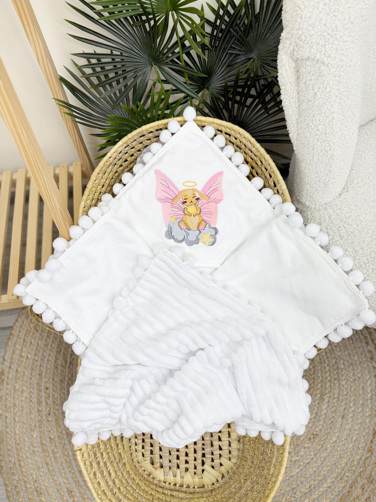 Personalized Handmade Baby Blanket with Pom-Pom Trim and Custom Embroidery