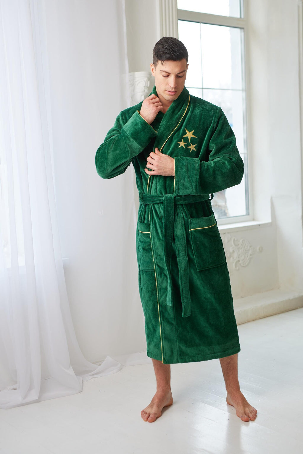 Personalized Men's Velour Terry Cotton Bathrobe with Custom Text Embroidery