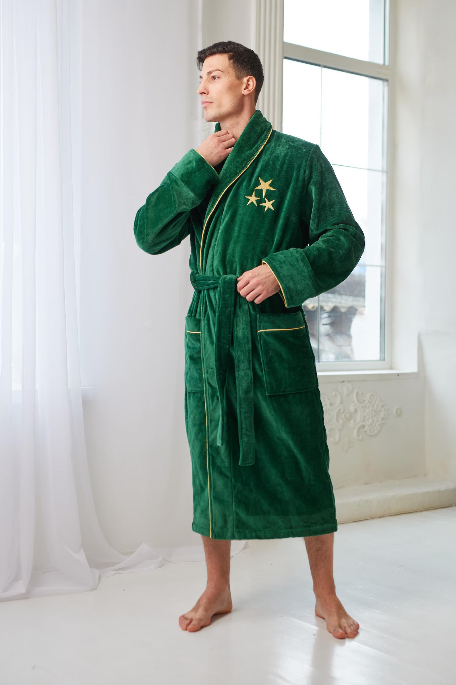 Personalized Men's Velour Terry Cotton Bathrobe with Custom Text Embroidery