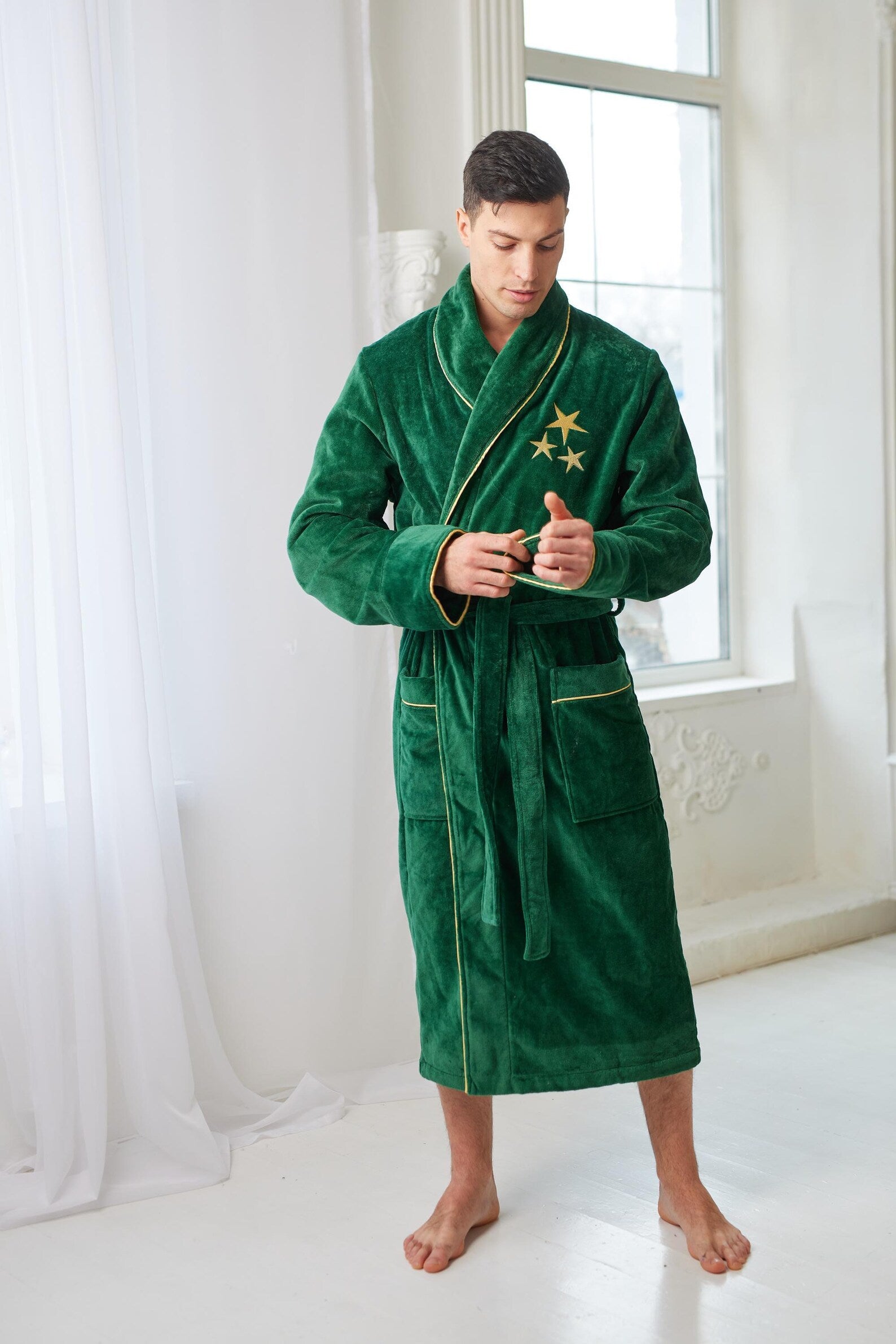 Personalized Men's Velour Terry Cotton Bathrobe with Custom Text Embroidery