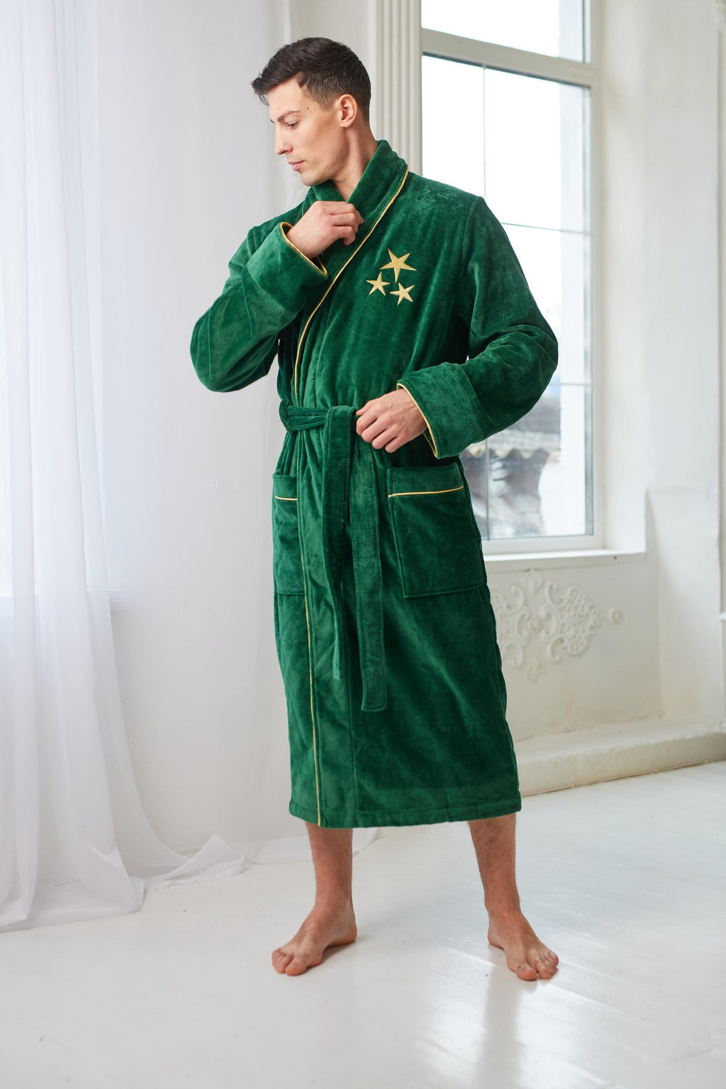 Personalized Men's Velour Terry Cotton Bathrobe with Custom Text Embroidery