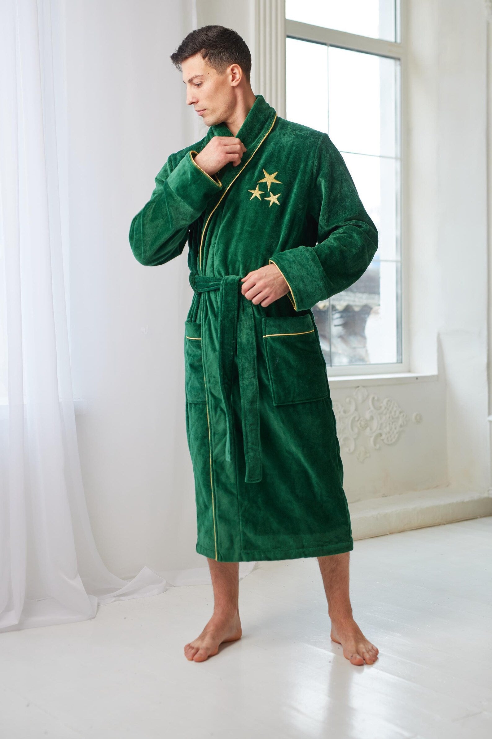 Personalized Men's Velour Terry Cotton Bathrobe with Custom Text Embroidery