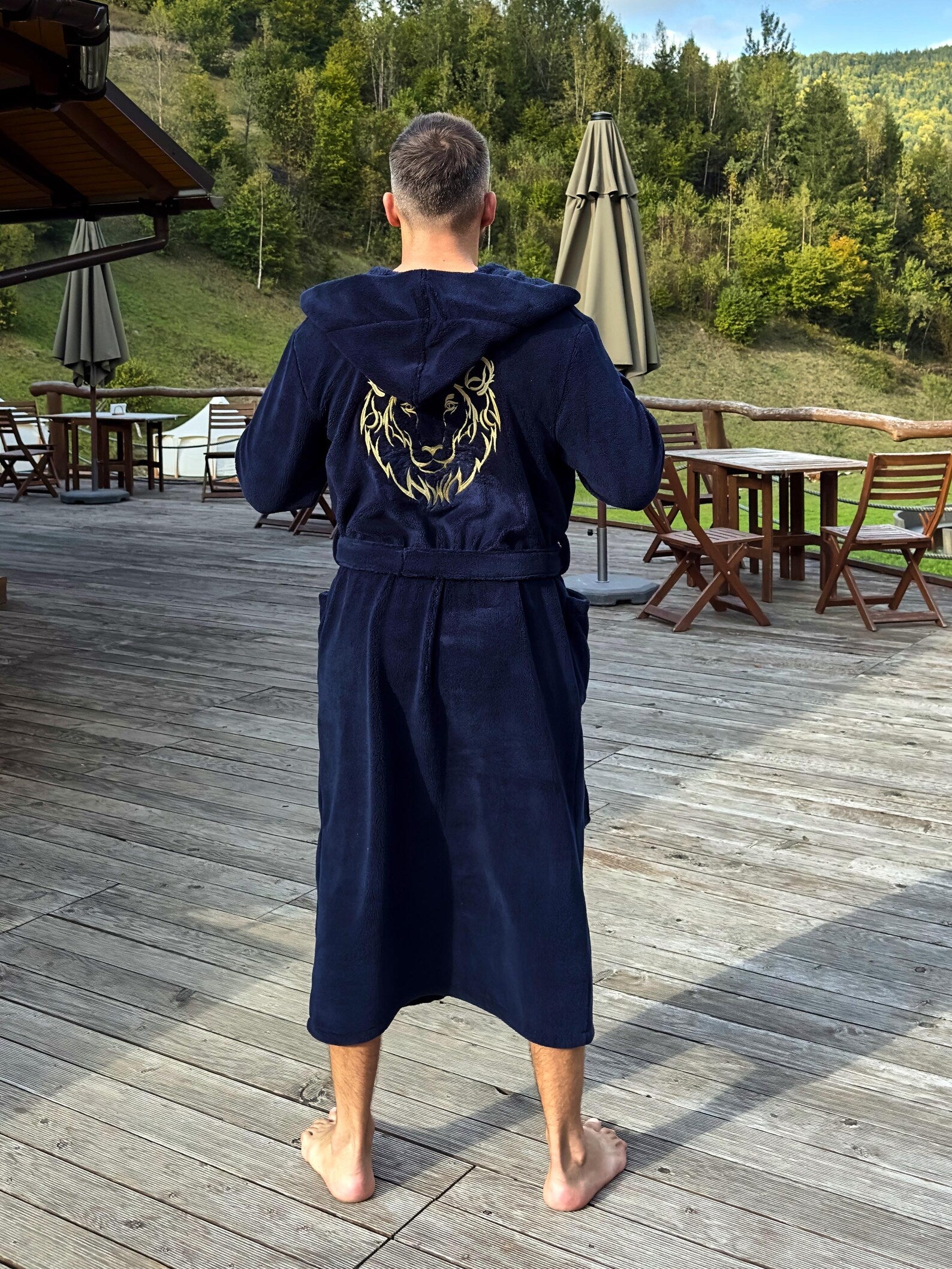 Personalized Men's Velsoft Hooded Bathrobe with Lion Embroidery