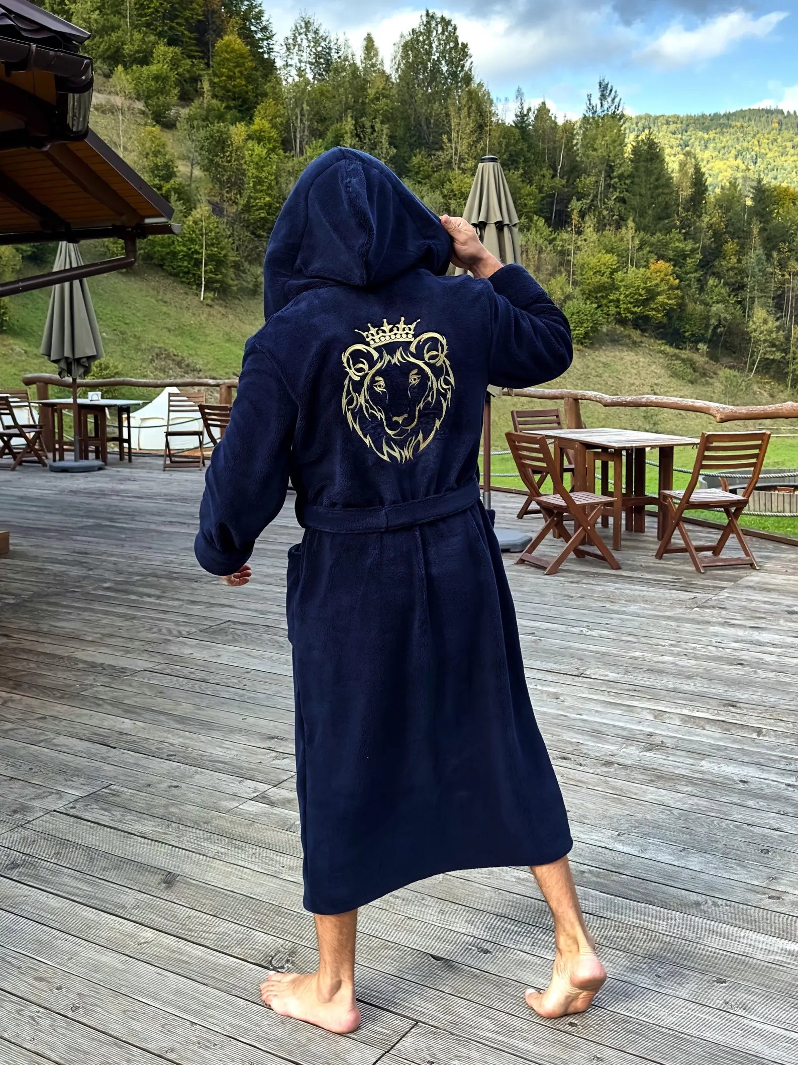 Personalized Men's Velsoft Hooded Bathrobe with Lion Embroidery