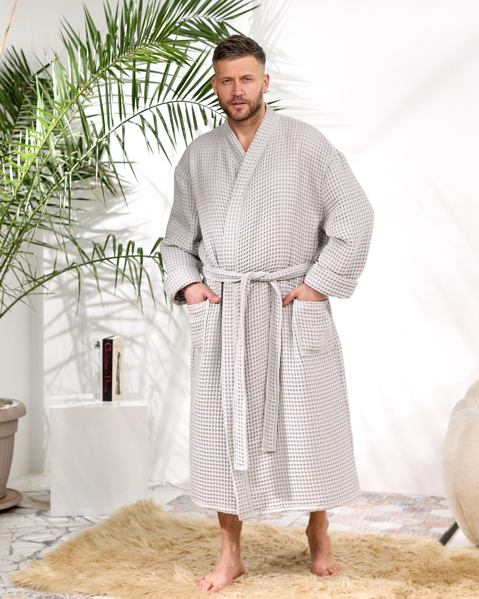 Personalized Men's Waffle Cotton Bathrobe and Spa Lounge Robe