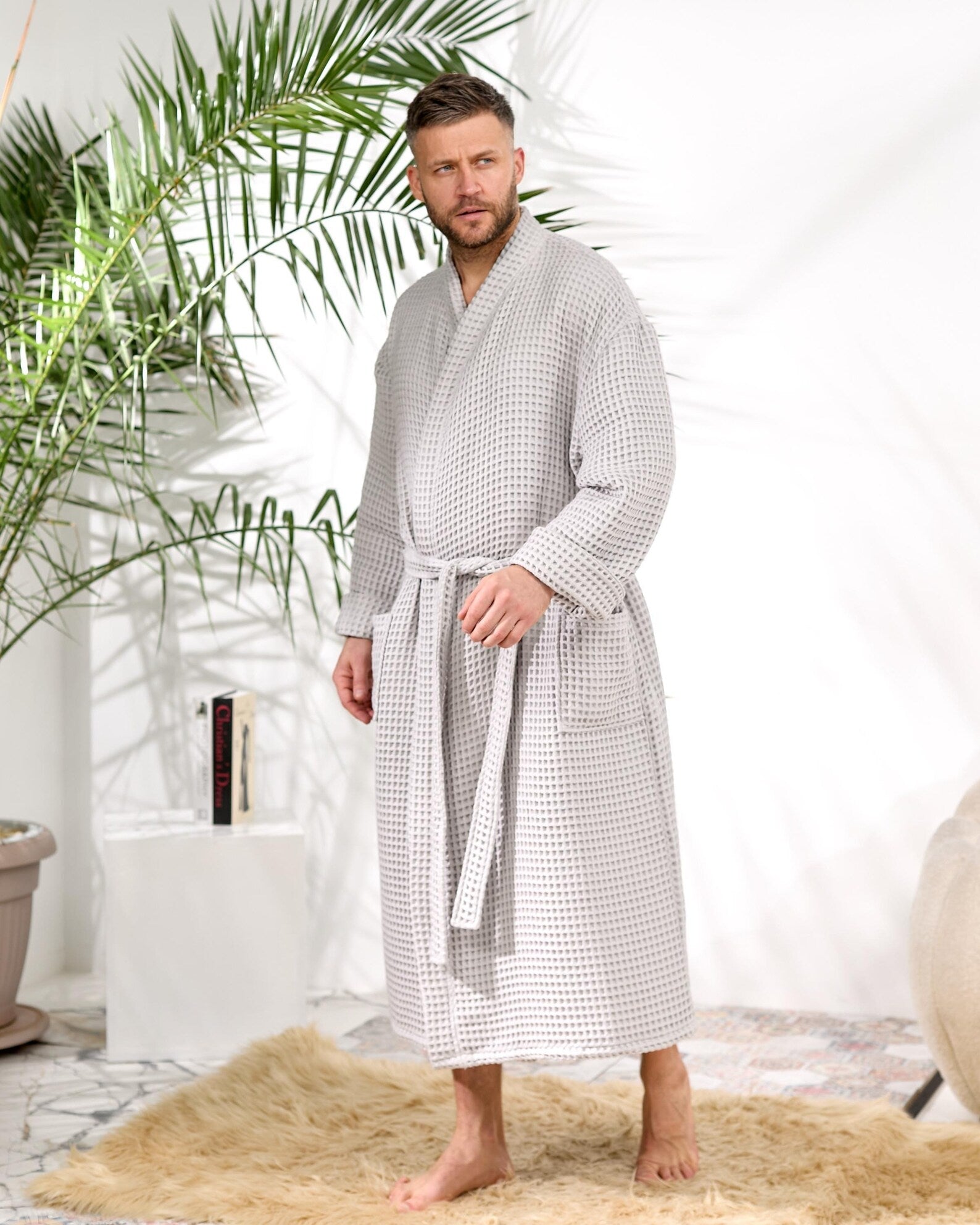 Personalized Men's Waffle Cotton Bathrobe and Spa Lounge Robe