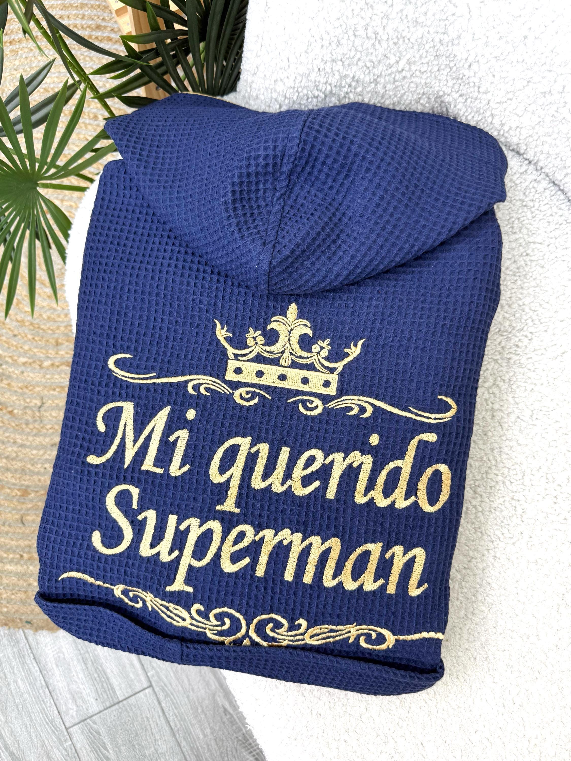 Personalized Navy Blue Waffle Hooded Robe for Men with Custom Name Embroidery