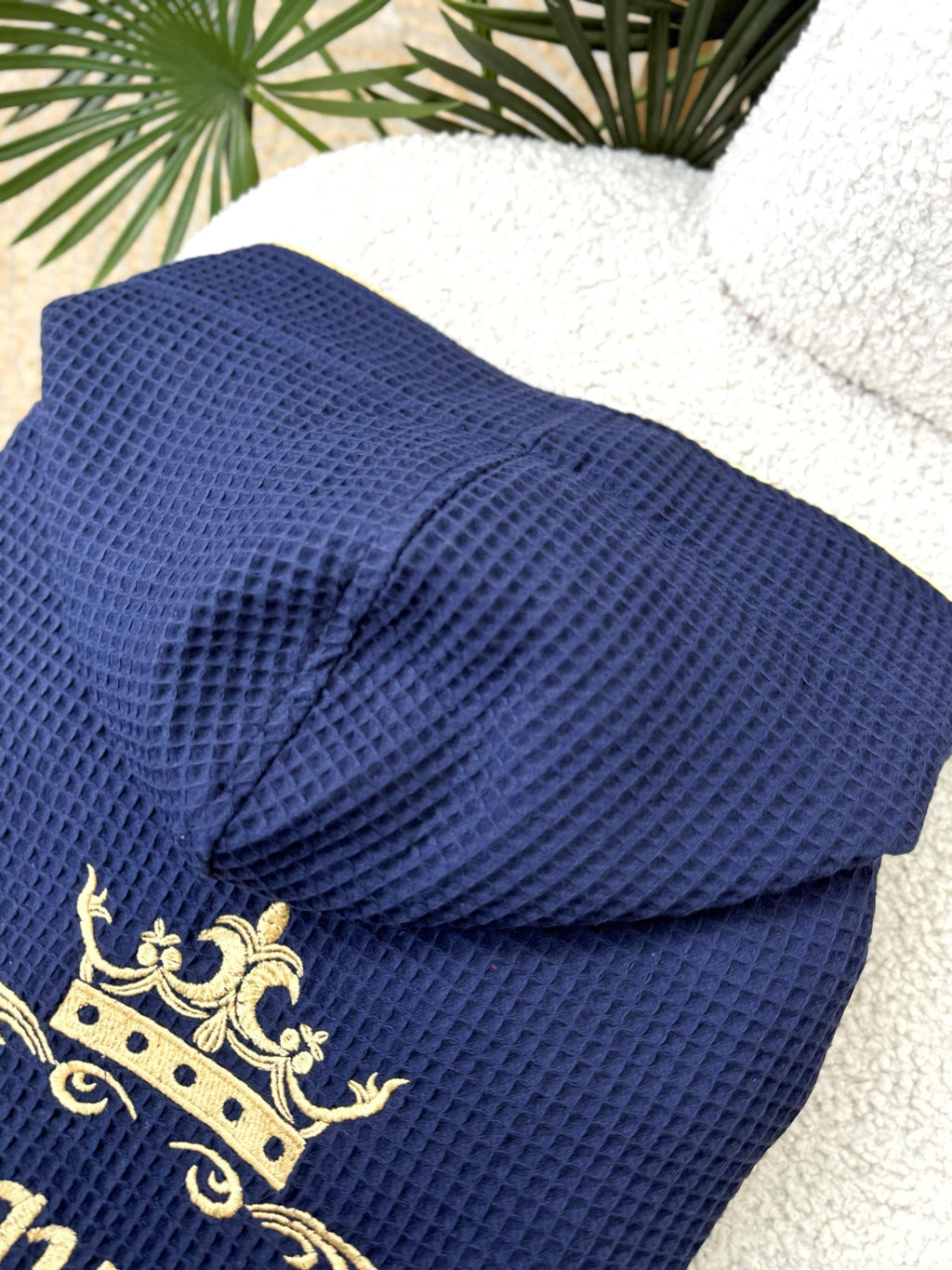 Personalized Navy Blue Waffle Hooded Robe for Men with Custom Name Embroidery