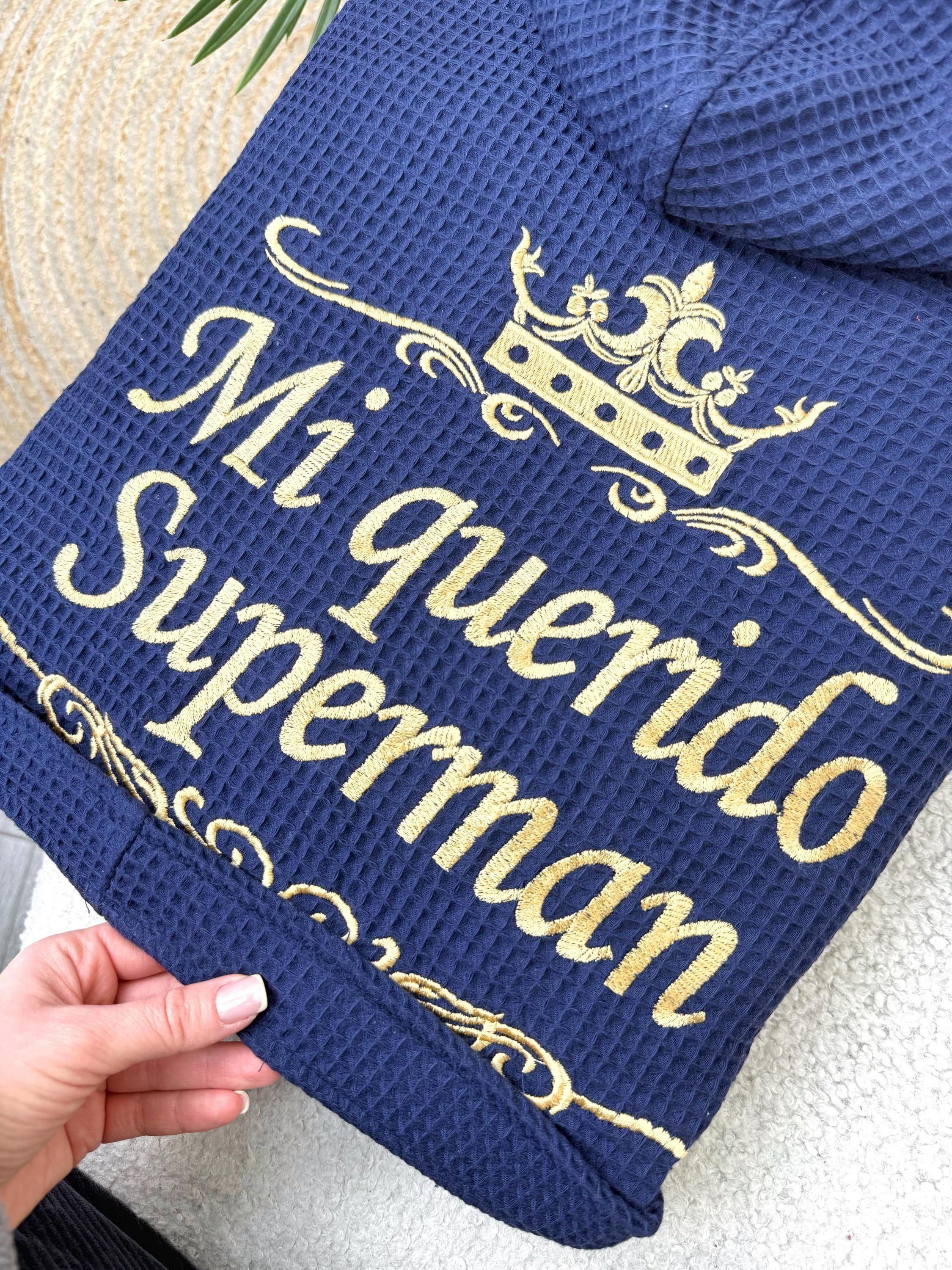 Personalized Navy Blue Waffle Hooded Robe for Men with Custom Name Embroidery