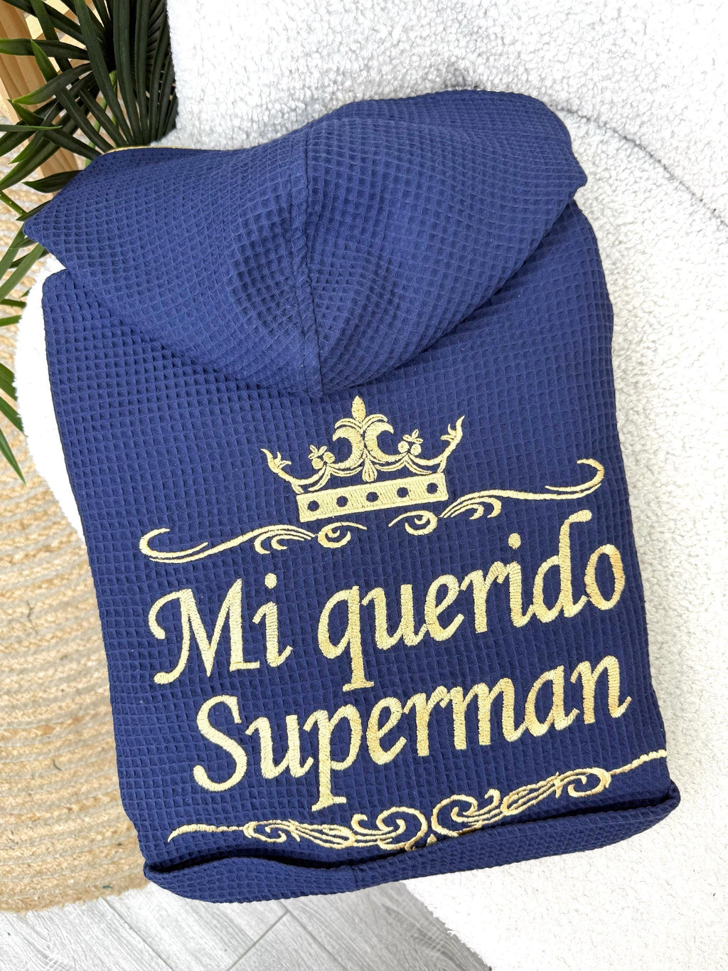 Personalized Navy Blue Waffle Hooded Robe for Men with Custom Name Embroidery