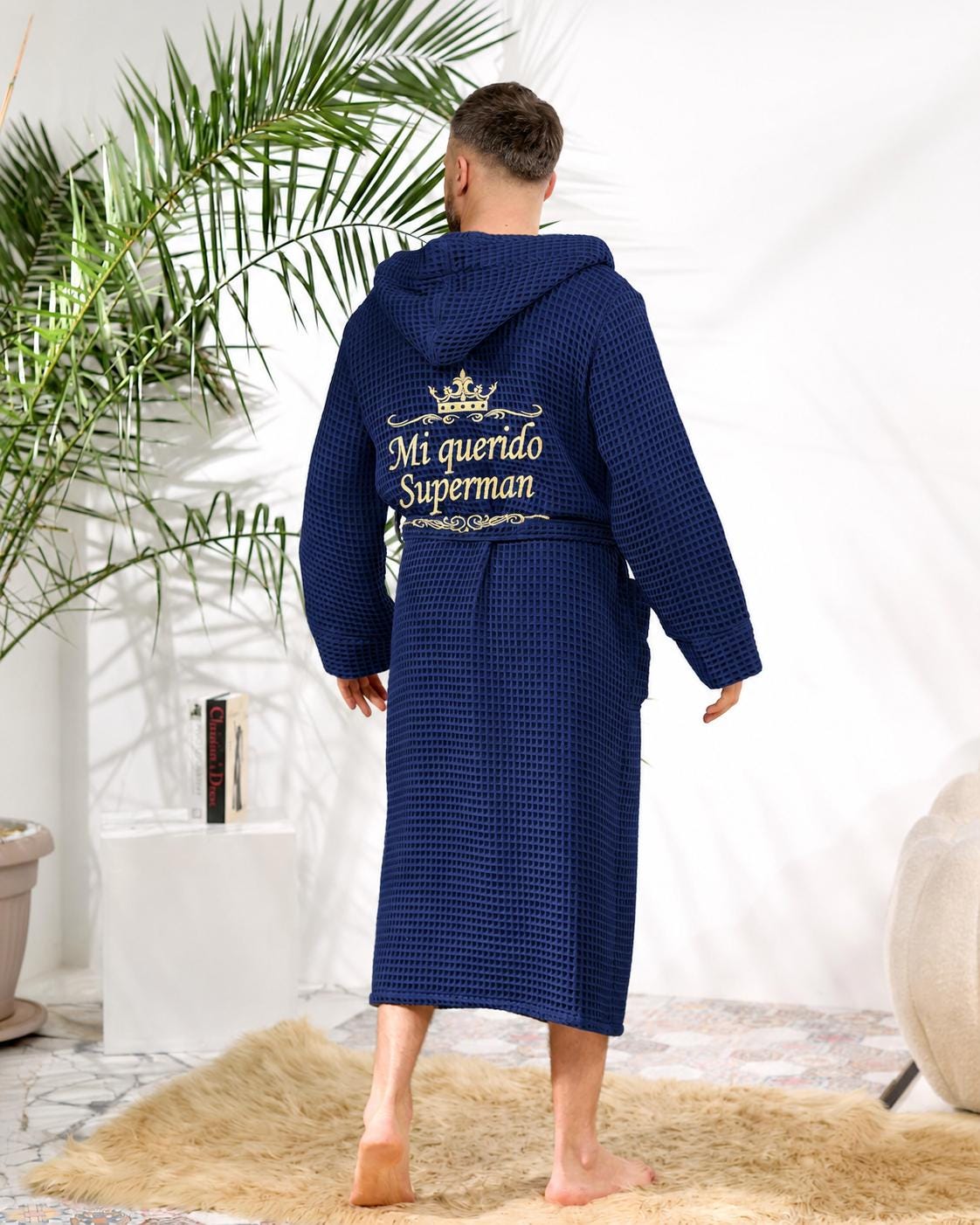 Personalized Navy Blue Waffle Hooded Robe for Men with Custom Name Embroidery