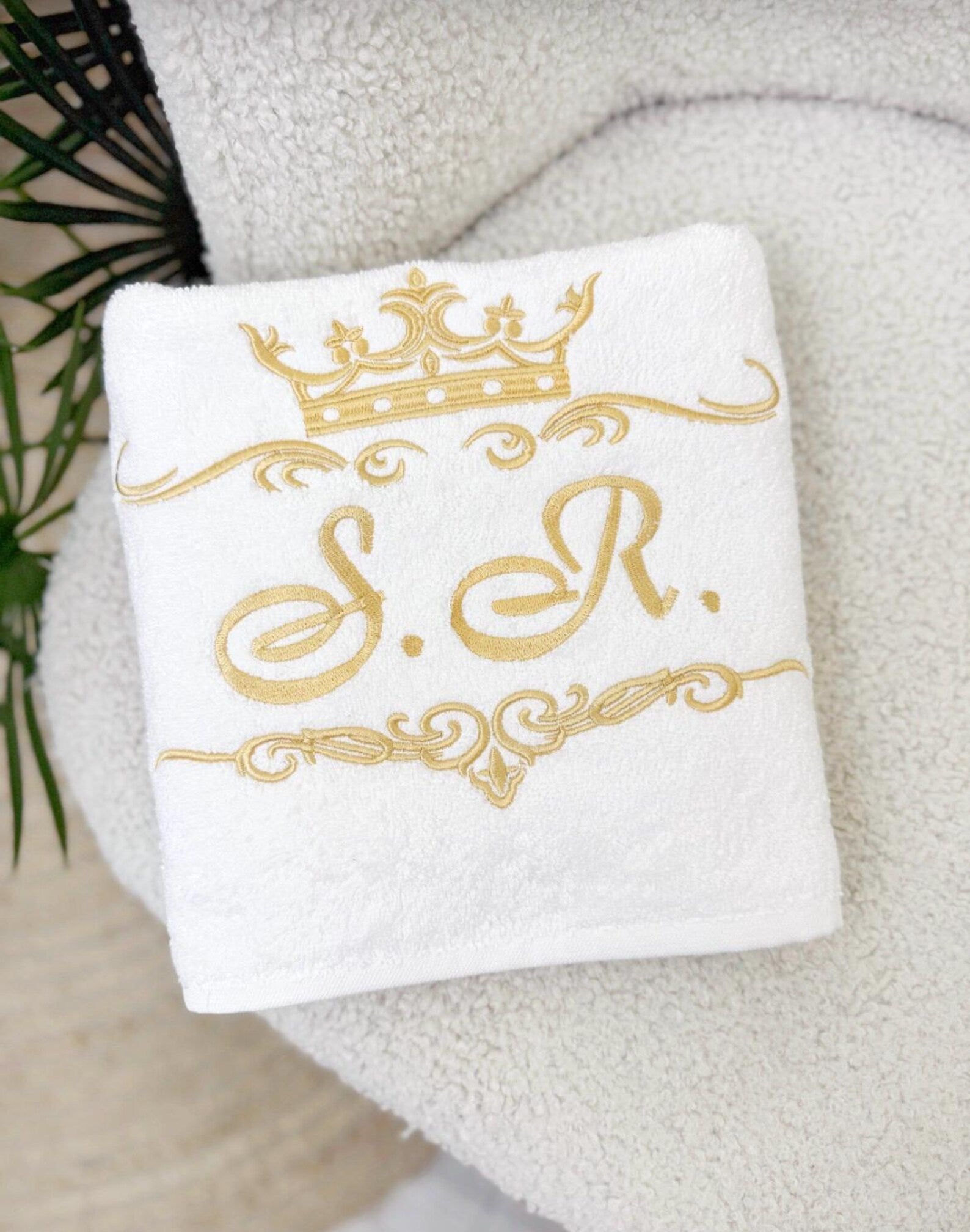 Personalized White Cotton Terry Bath Towel with Custom Crown Embroidery