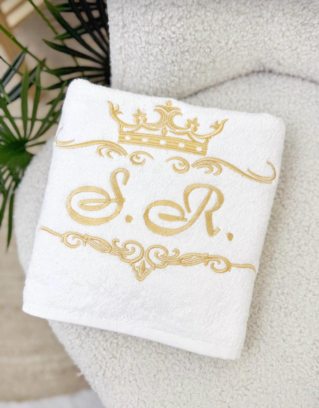 Personalized White Cotton Terry Bath Towel with Custom Crown Embroidery