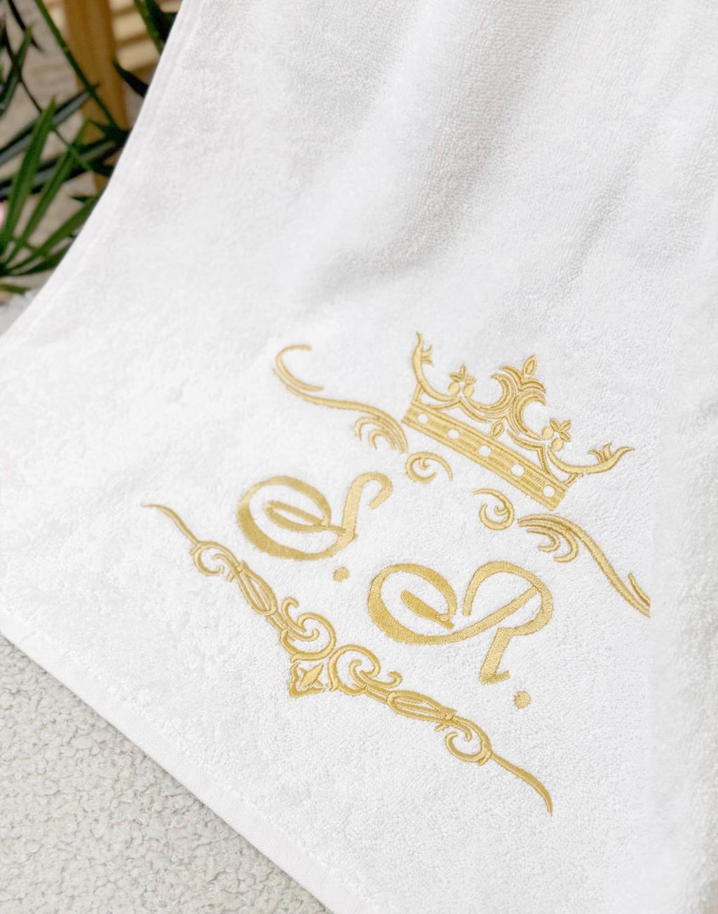 Personalized White Cotton Terry Bath Towel with Custom Crown Embroidery