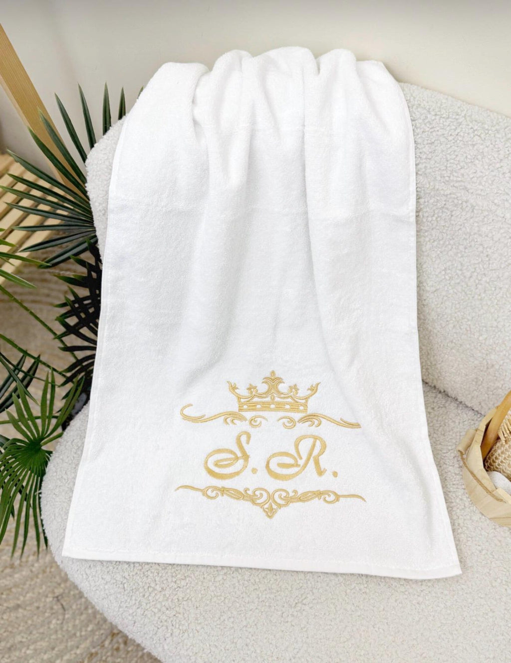 Personalized White Cotton Terry Bath Towel with Custom Crown Embroidery