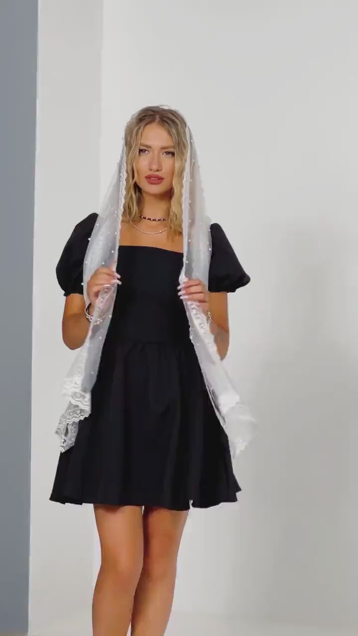 Chapel Mantilla Veil with Pearls and Lace Edging