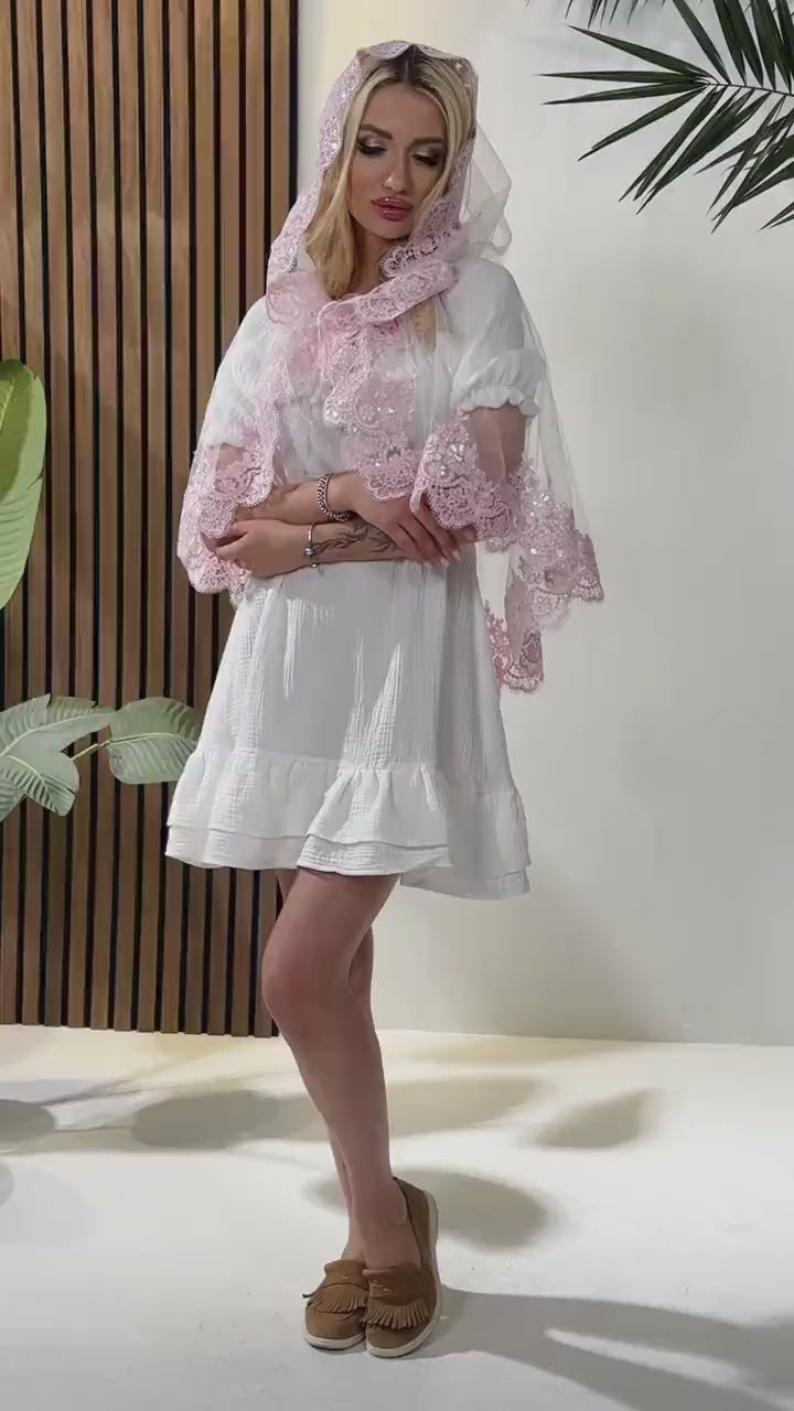 Pink Tulle Chapel Veil – Lace Catholic Church Headscarf with Comb